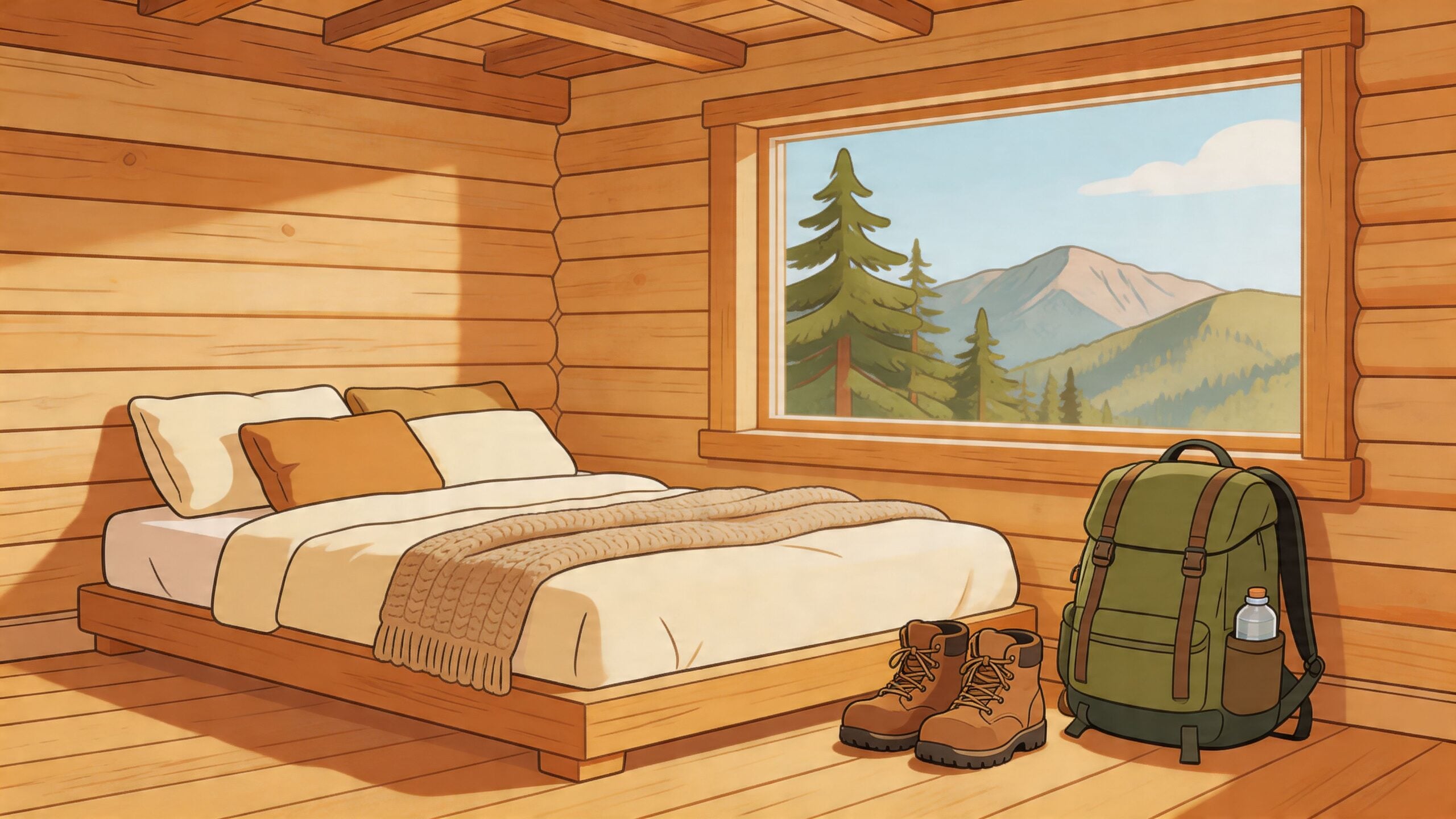 A cozy log cabin bedroom featuring a wooden platform bed and hiking gear near a mountain window.