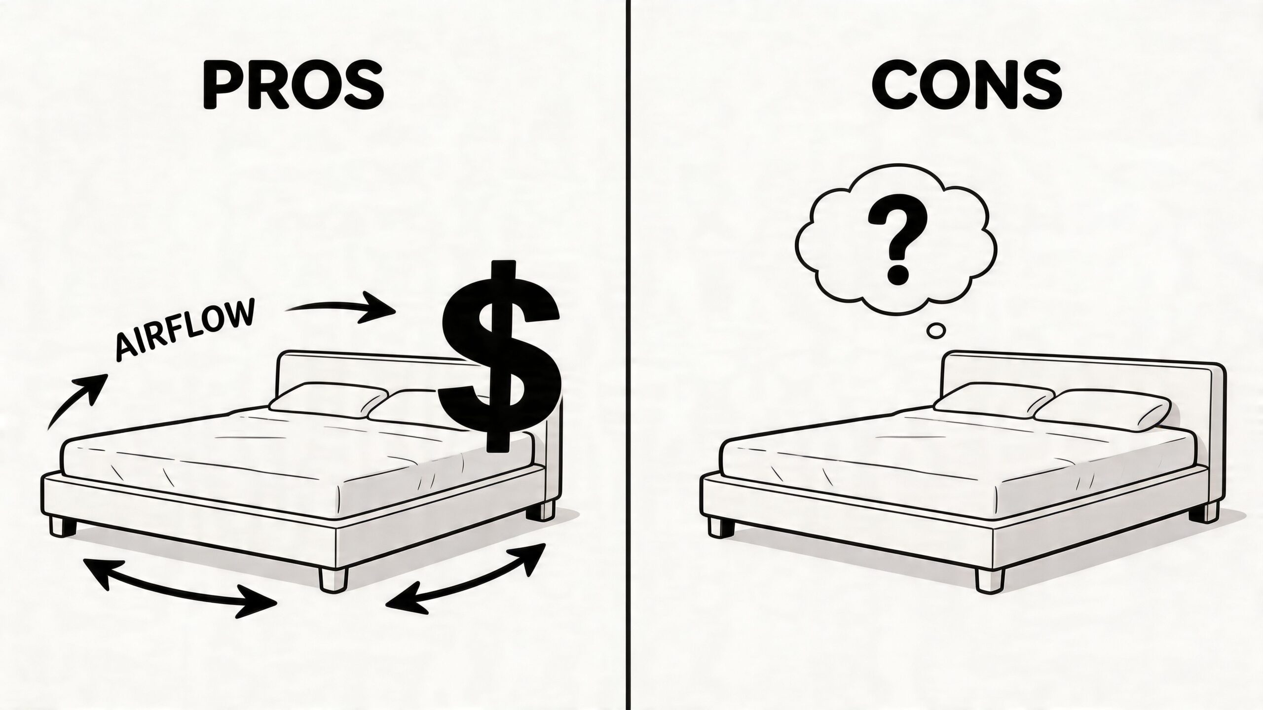 A split graphic comparing the pros of affordable platform beds including airflow and cost savings against the cons.