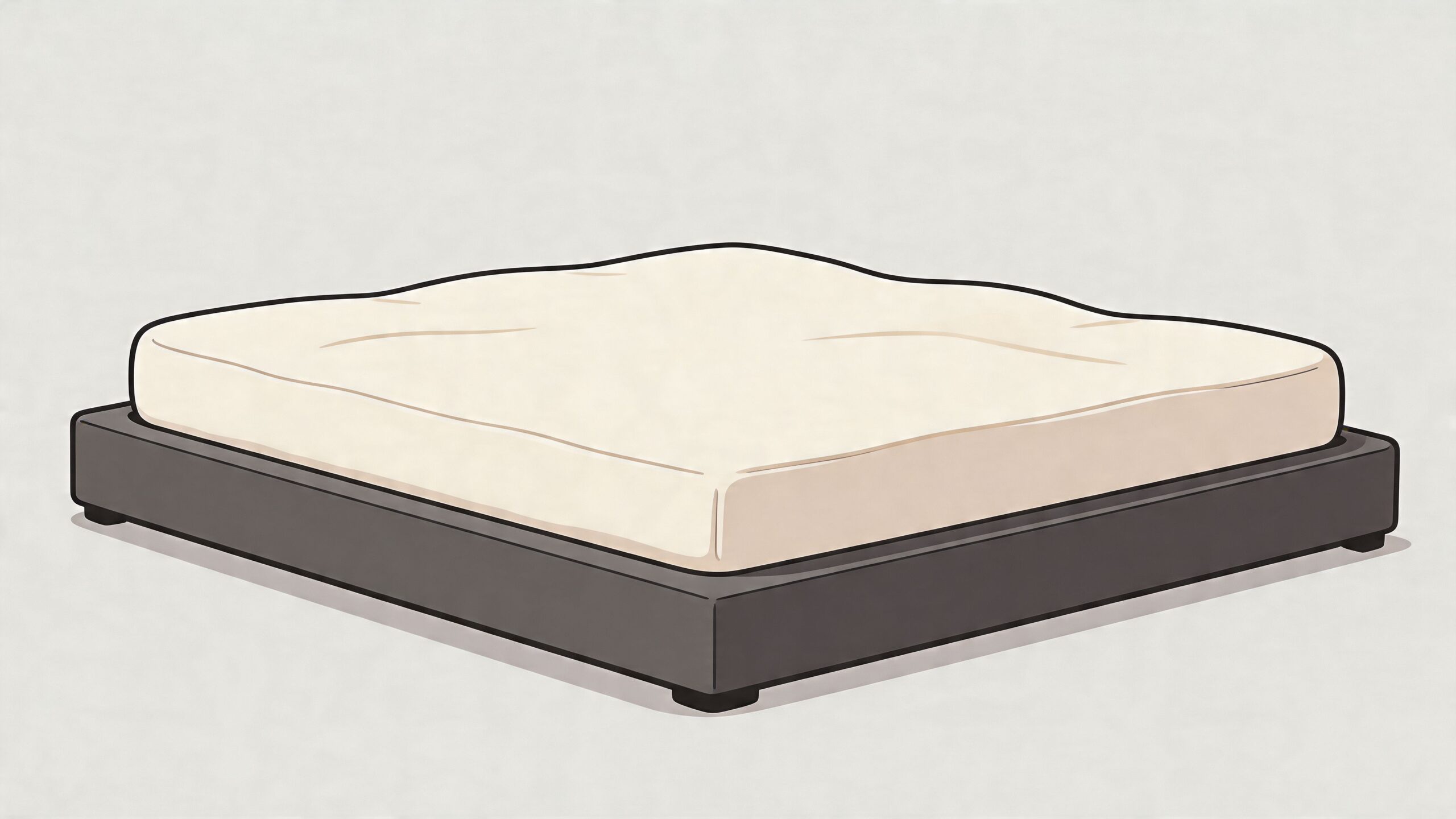 A modern, minimalist platform bed frame with a simple white mattress on a light gray background.