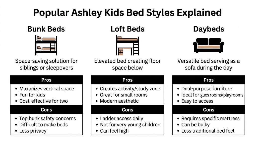 A comparison chart outlining the pros and cons of bunk beds, loft beds, and daybeds for kids.