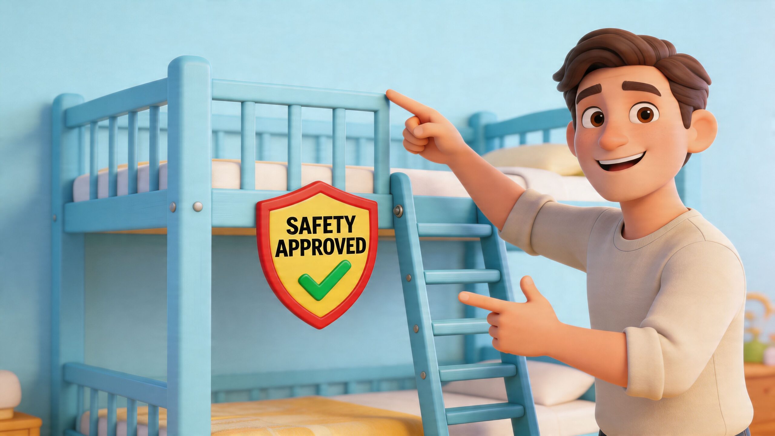 A friendly 3D cartoon character pointing at a light blue children's bunk bed with a safety approved shield.