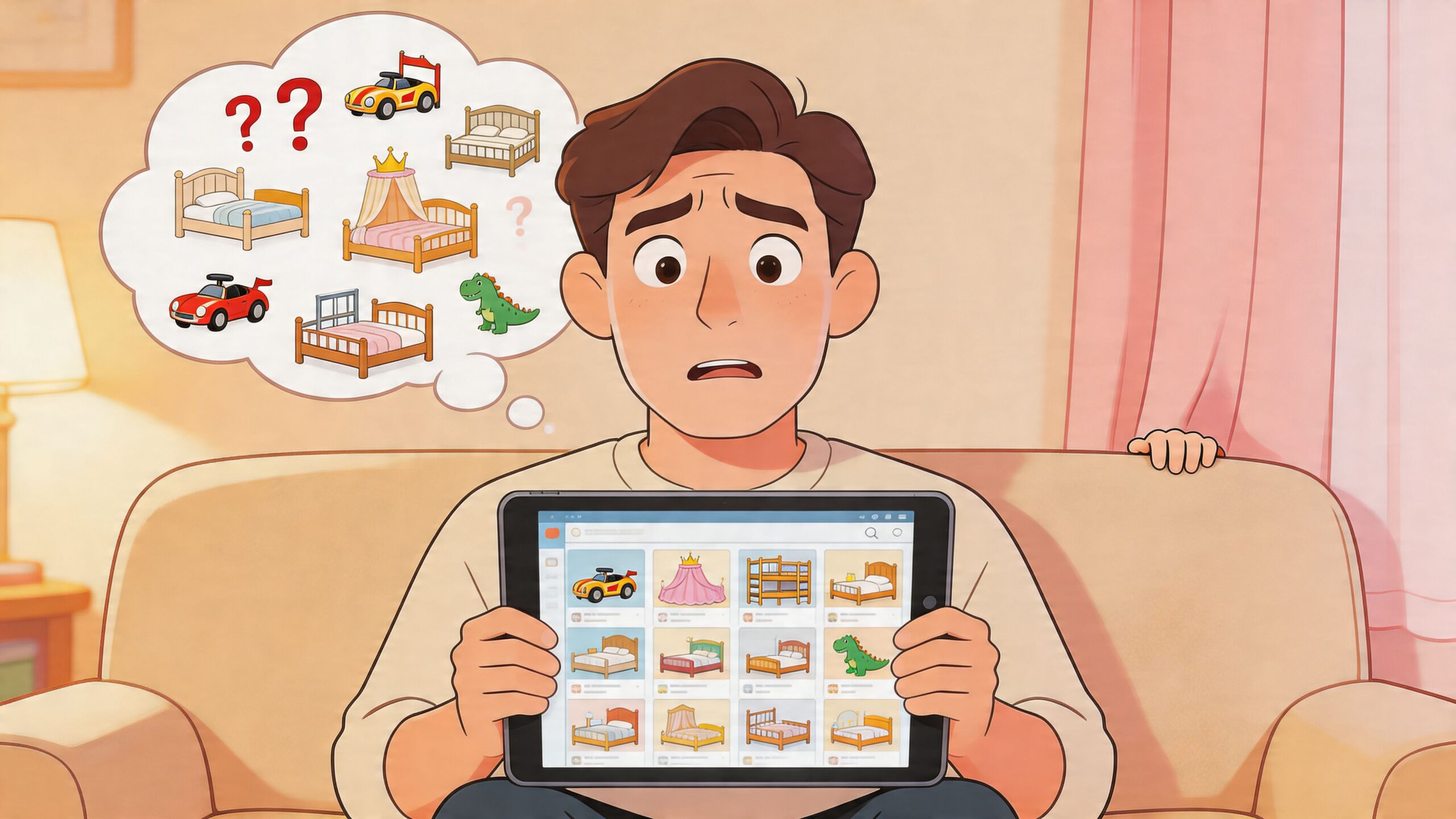 A confused man holds a digital tablet browsing various children's beds and toys while deciding what to buy.