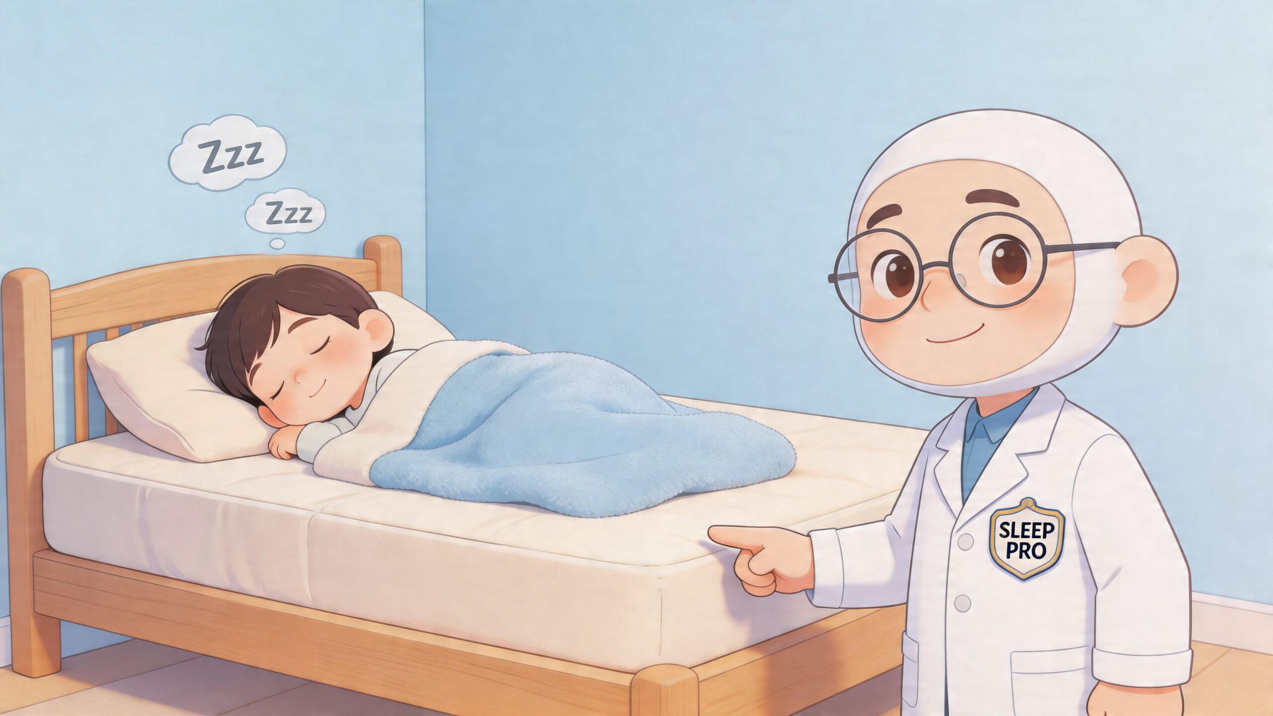 A friendly cartoon doctor in a lab coat gestures toward a young child sleeping soundly in bed.