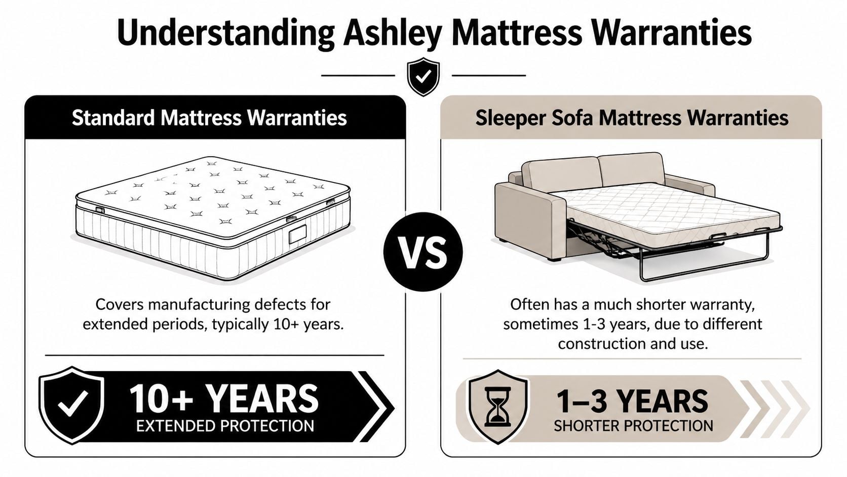 A comparison infographic showing the difference in warranty length between standard mattresses and sleeper sofa mattresses.