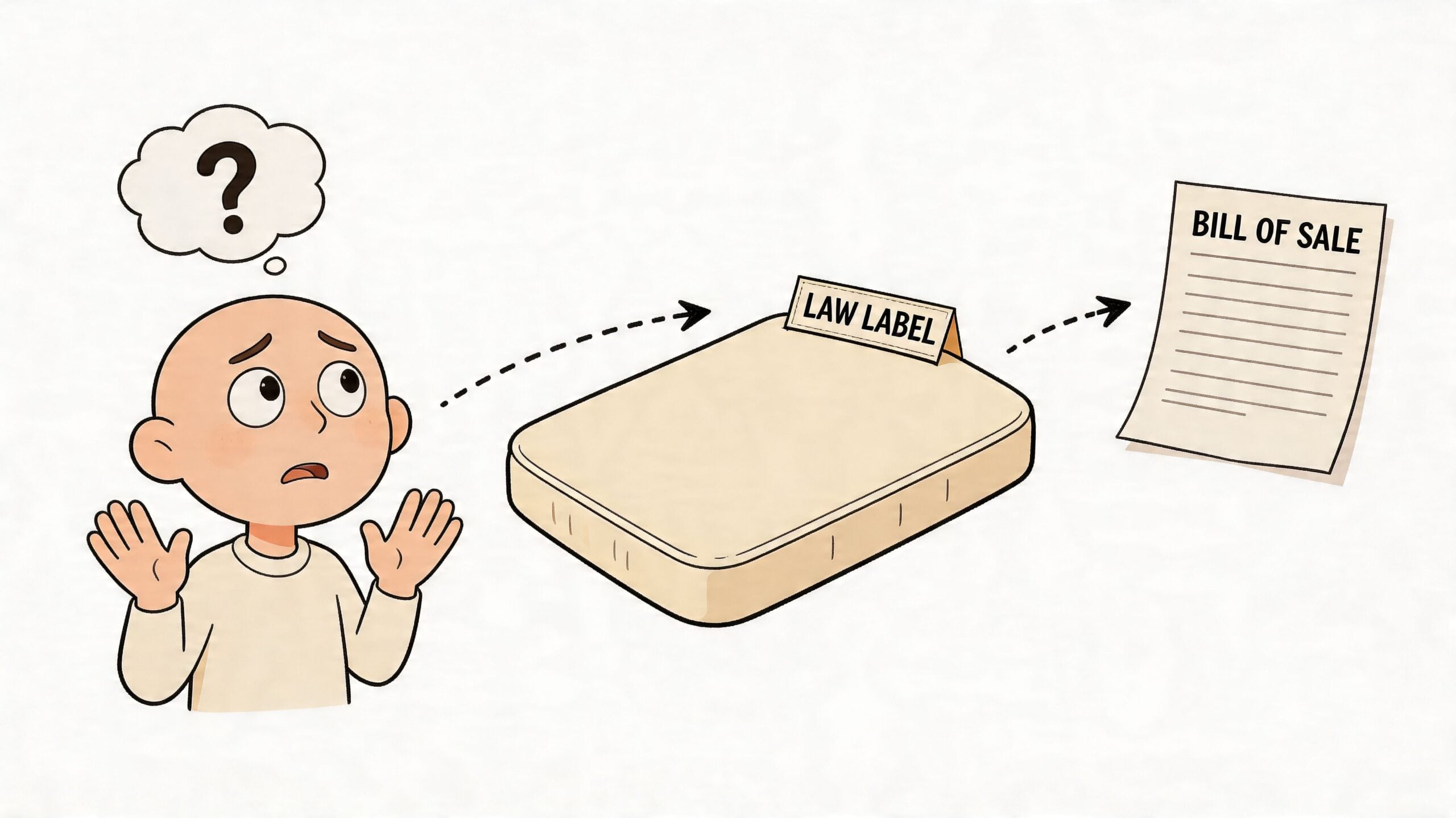 A confused person looking at a mattress with a law label and a bill of sale document.