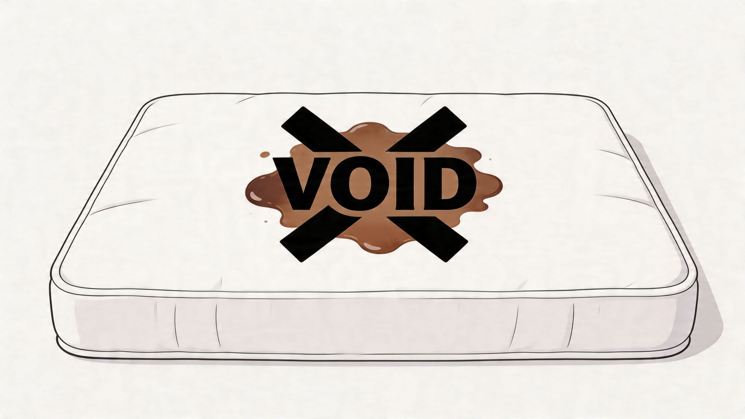 A white mattress featuring a large brown stain with a black X symbol and the word VOID.
