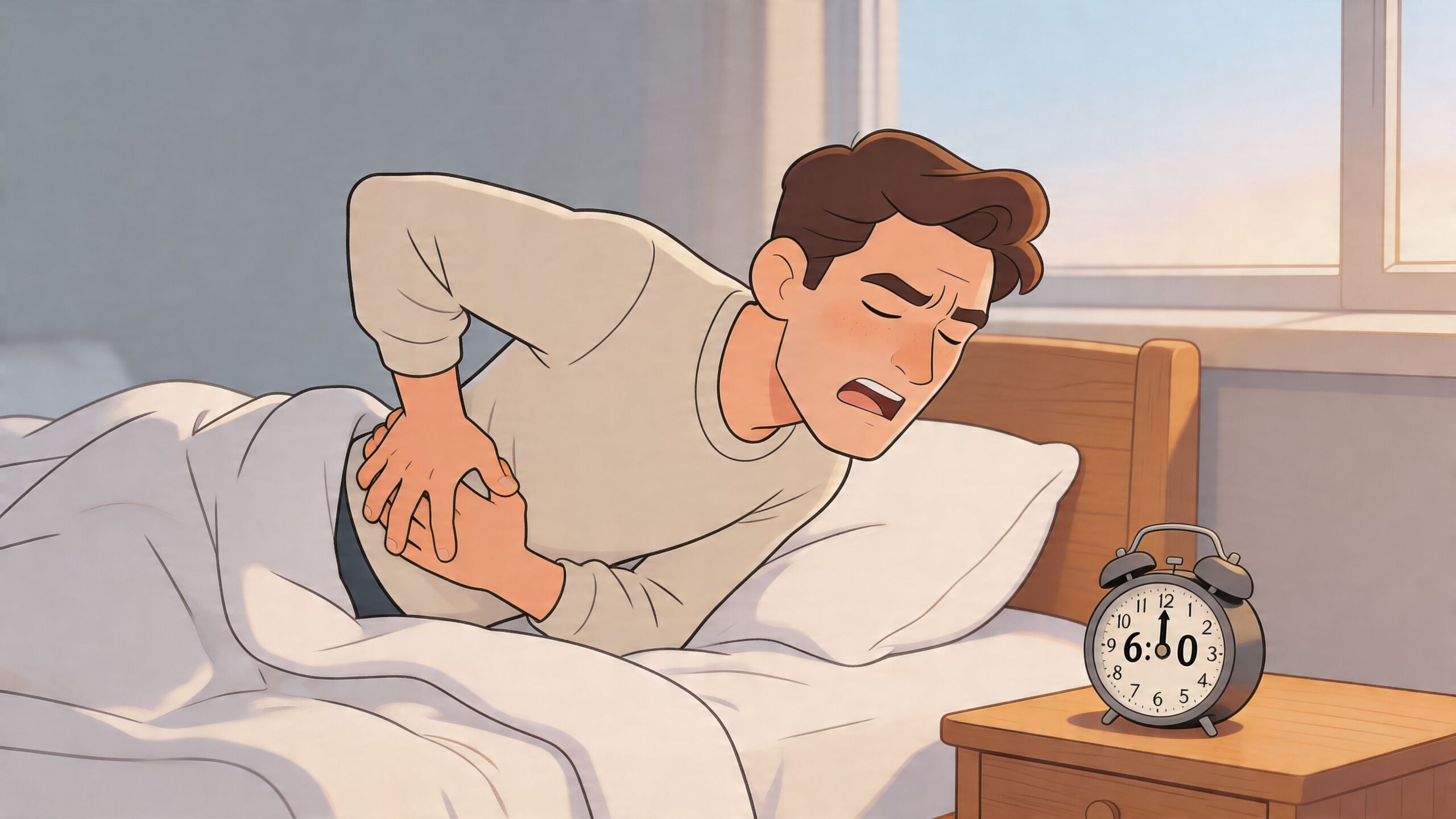 A man in bed experiencing severe back pain while looking at his alarm clock in the morning.
