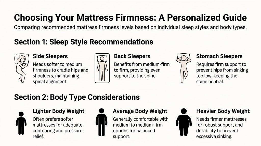 A guide illustrating how to choose the right mattress firmness based on sleep position and body type.