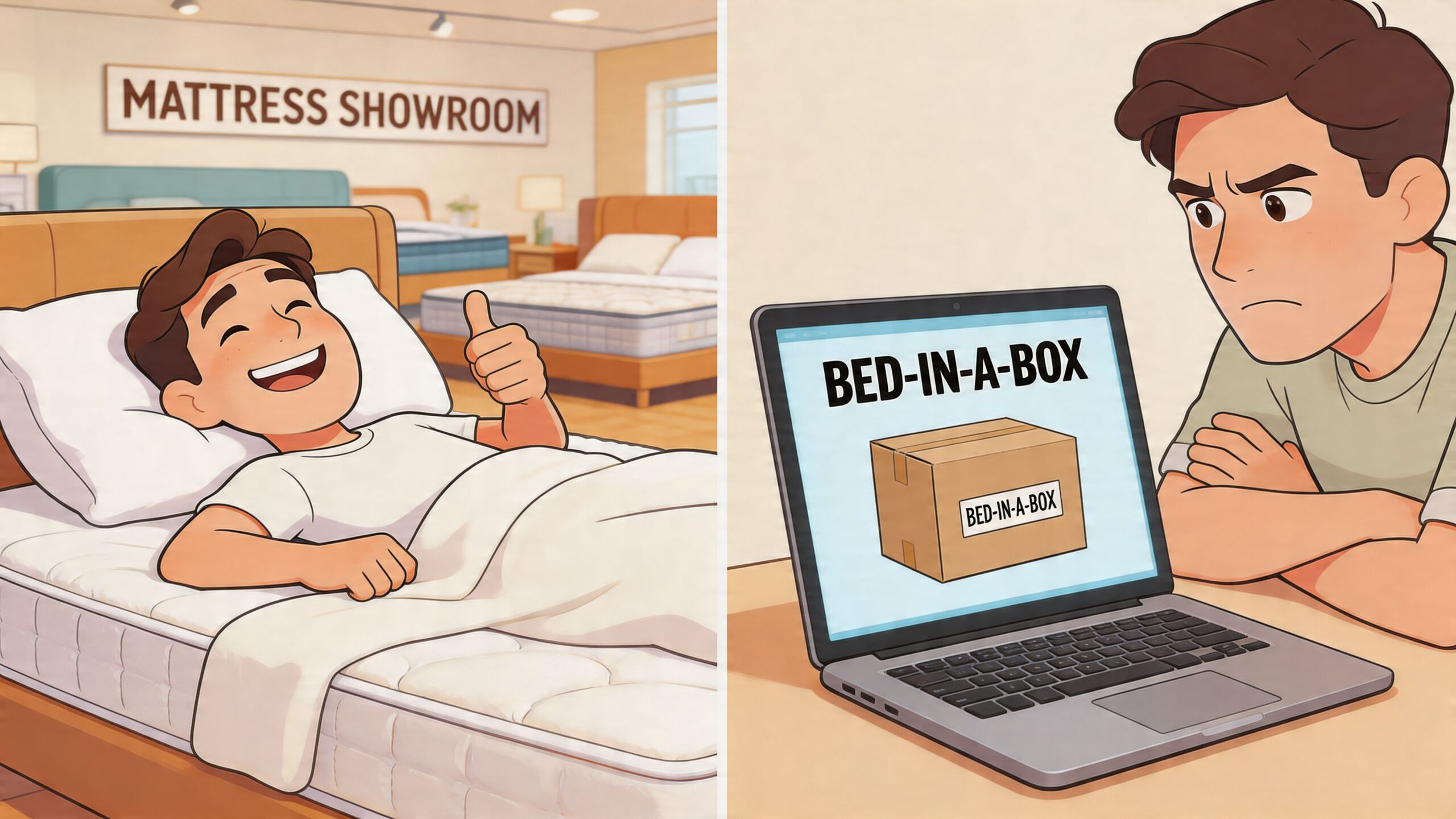 A split image showing a happy man testing a mattress in a store versus a skeptical man online.