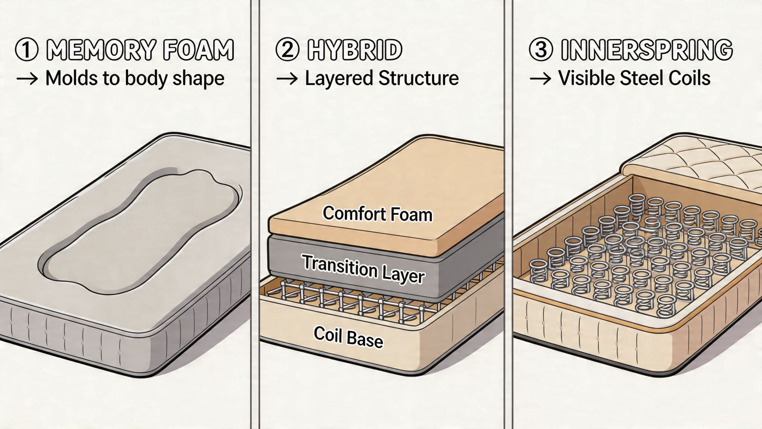 A diagram comparing the structure of memory foam, hybrid, and innerspring mattress types side by side.