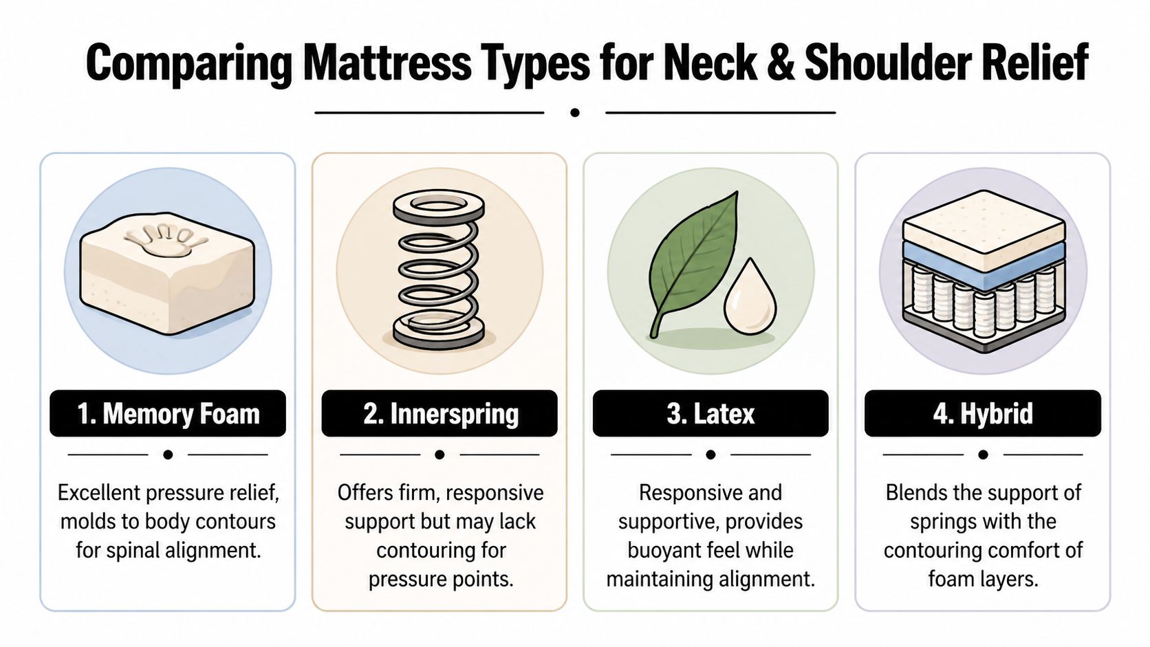 A comparison infographic showing four common mattress types for neck and shoulder pain relief.