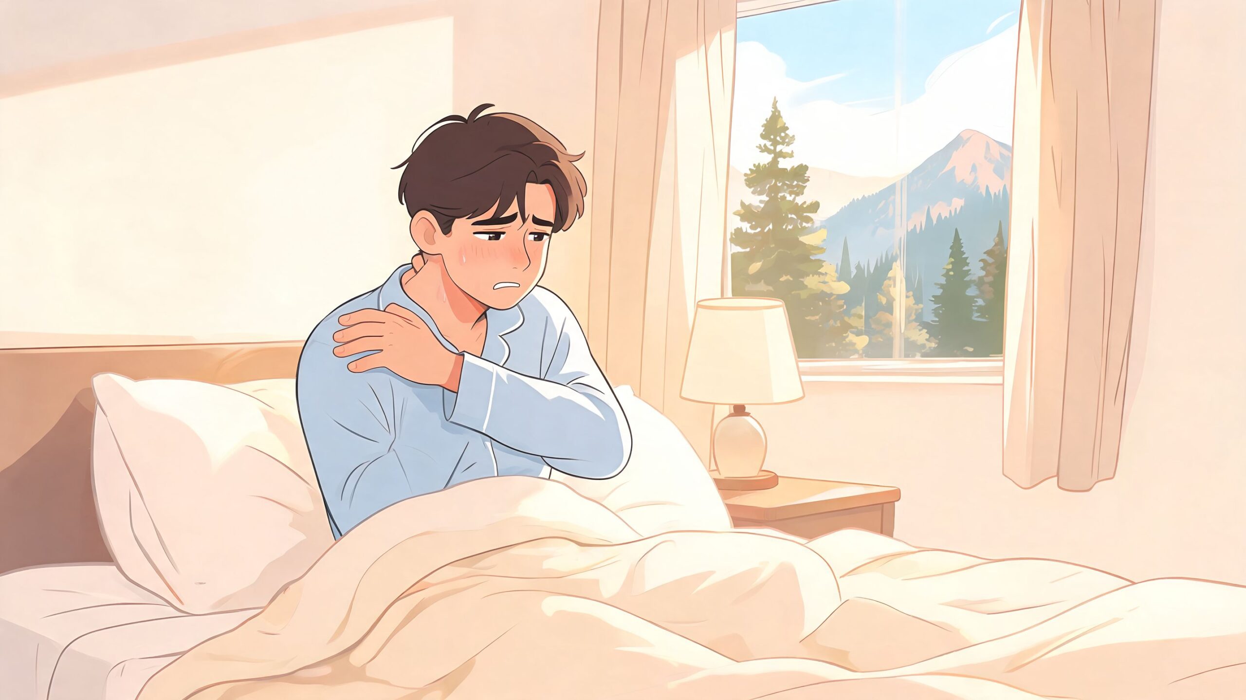 A man waking up in bed with discomfort and pain in his shoulder, looking distressed.