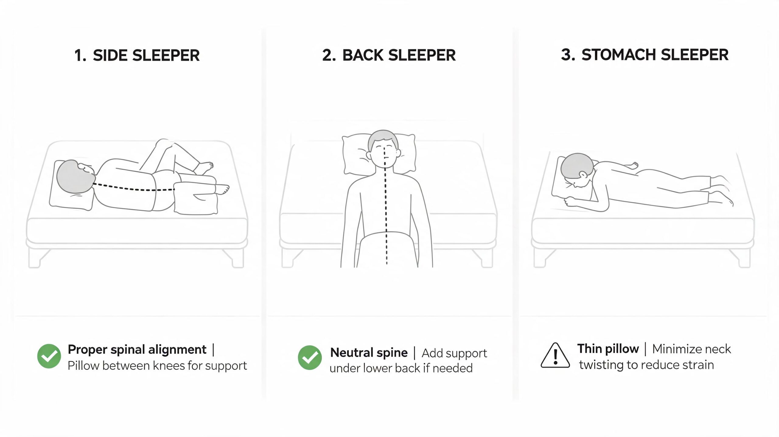 A diagram illustrating healthy sleeping positions including side, back, and stomach alignment tips for better rest.