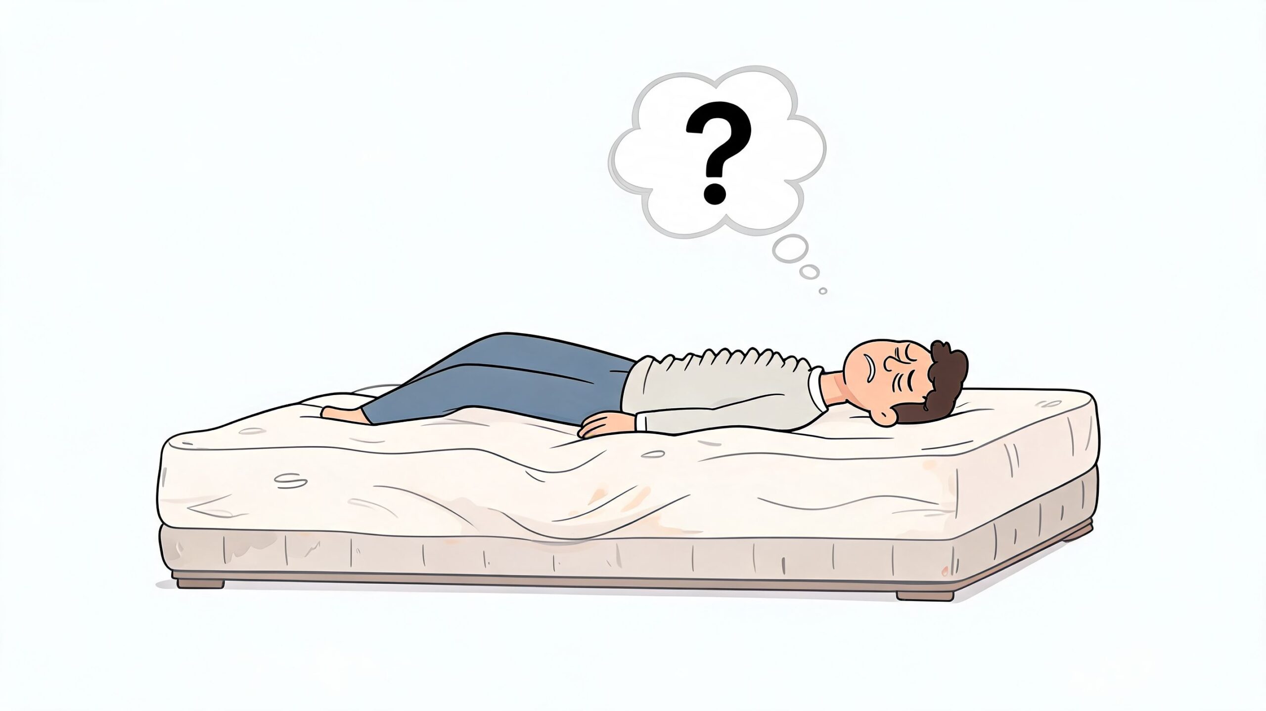 A cartoon illustration of a person lying on an uncomfortable mattress, looking confused and stressed.
