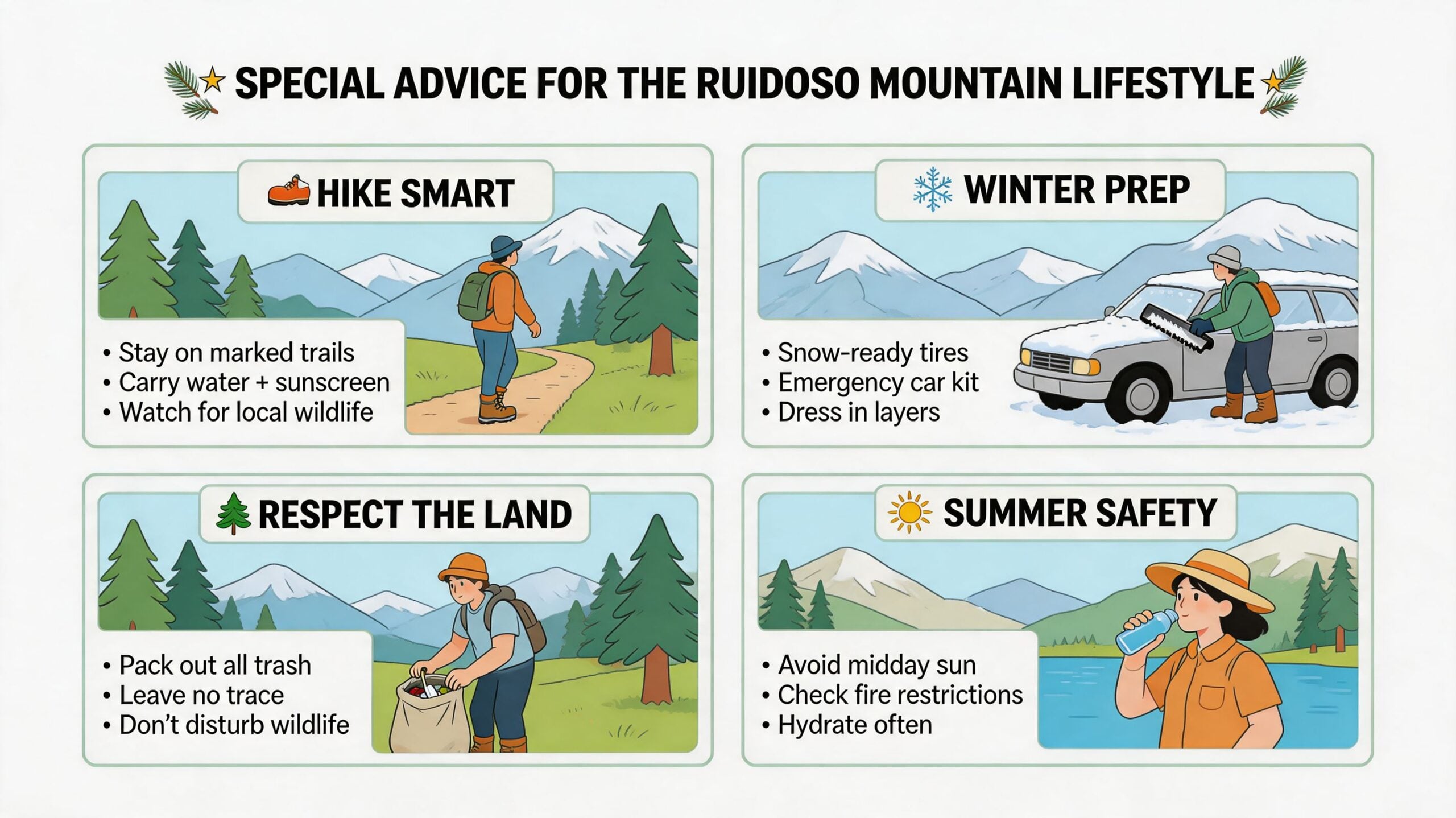A safety infographic titled Special Advice for the Ruidoso Mountain Lifestyle featuring hiking, winter, and summer tips.