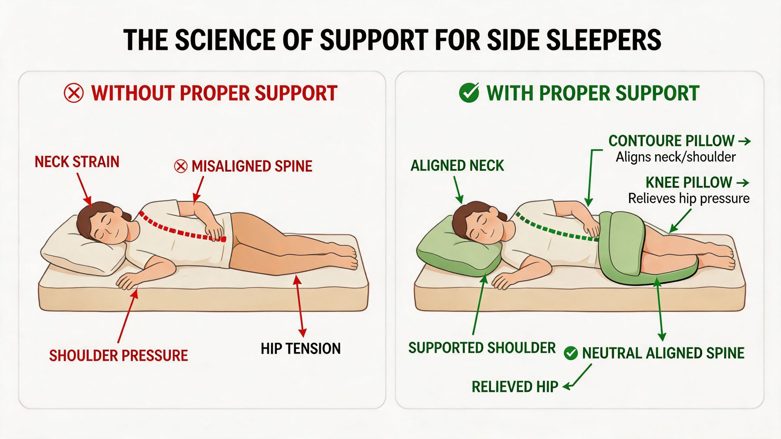 A diagram comparing proper and improper spinal alignment for side sleepers with and without support pillows.