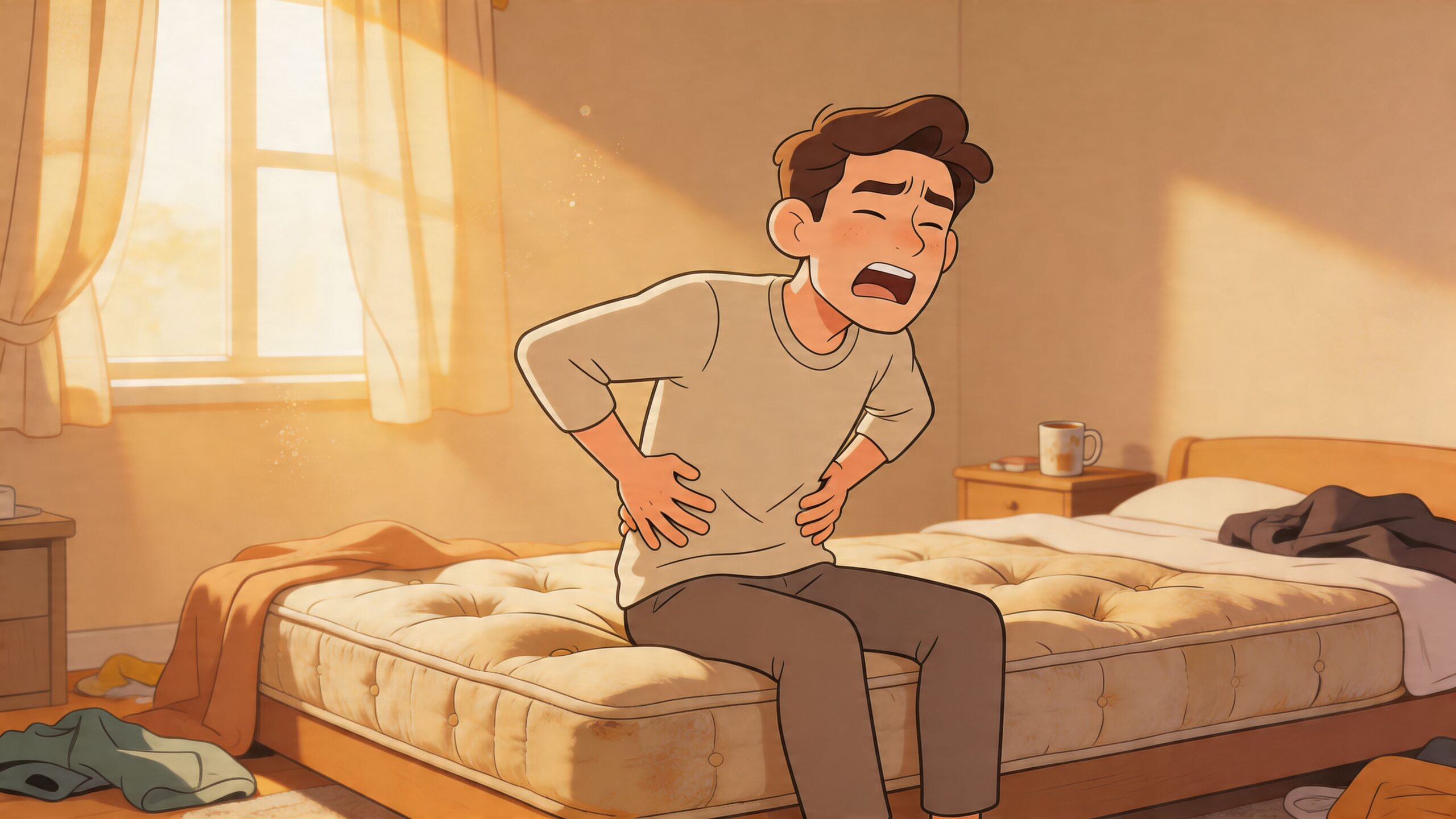 A young man sitting on a bare, worn-out mattress experiencing back pain in a sunlit bedroom.