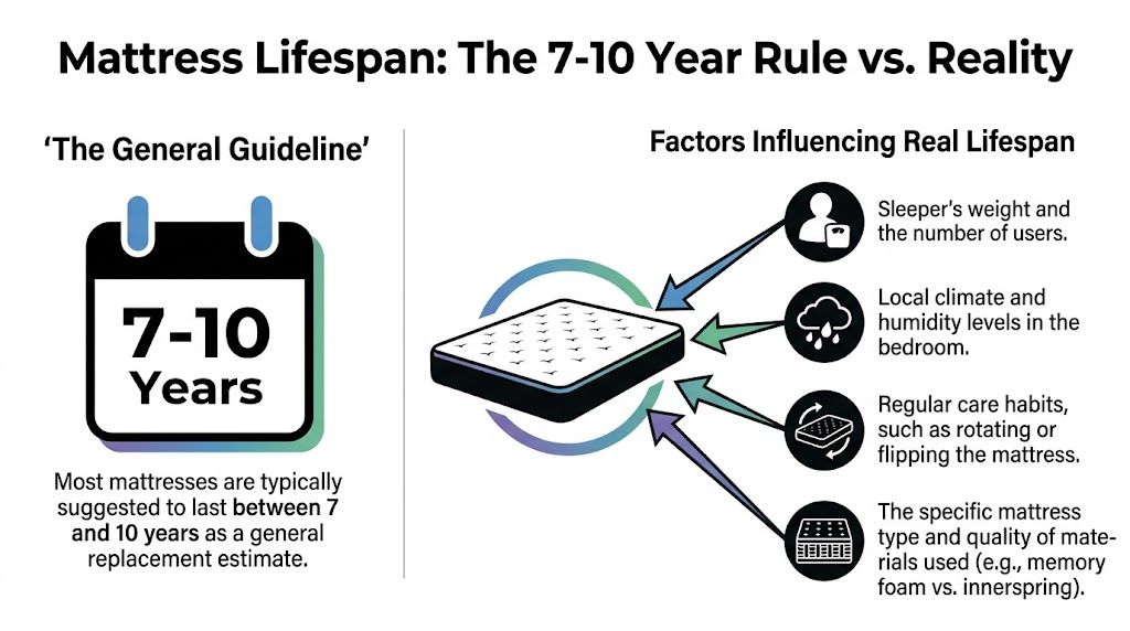 An infographic showing the 7-10 year lifespan rule for mattresses and the factors influencing real mattress durability.
