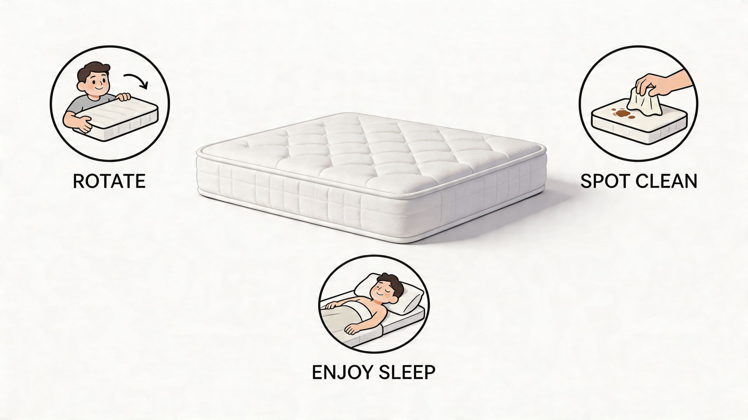 A mattress maintenance illustration showing steps to rotate, spot clean, and enjoy comfortable sleep.