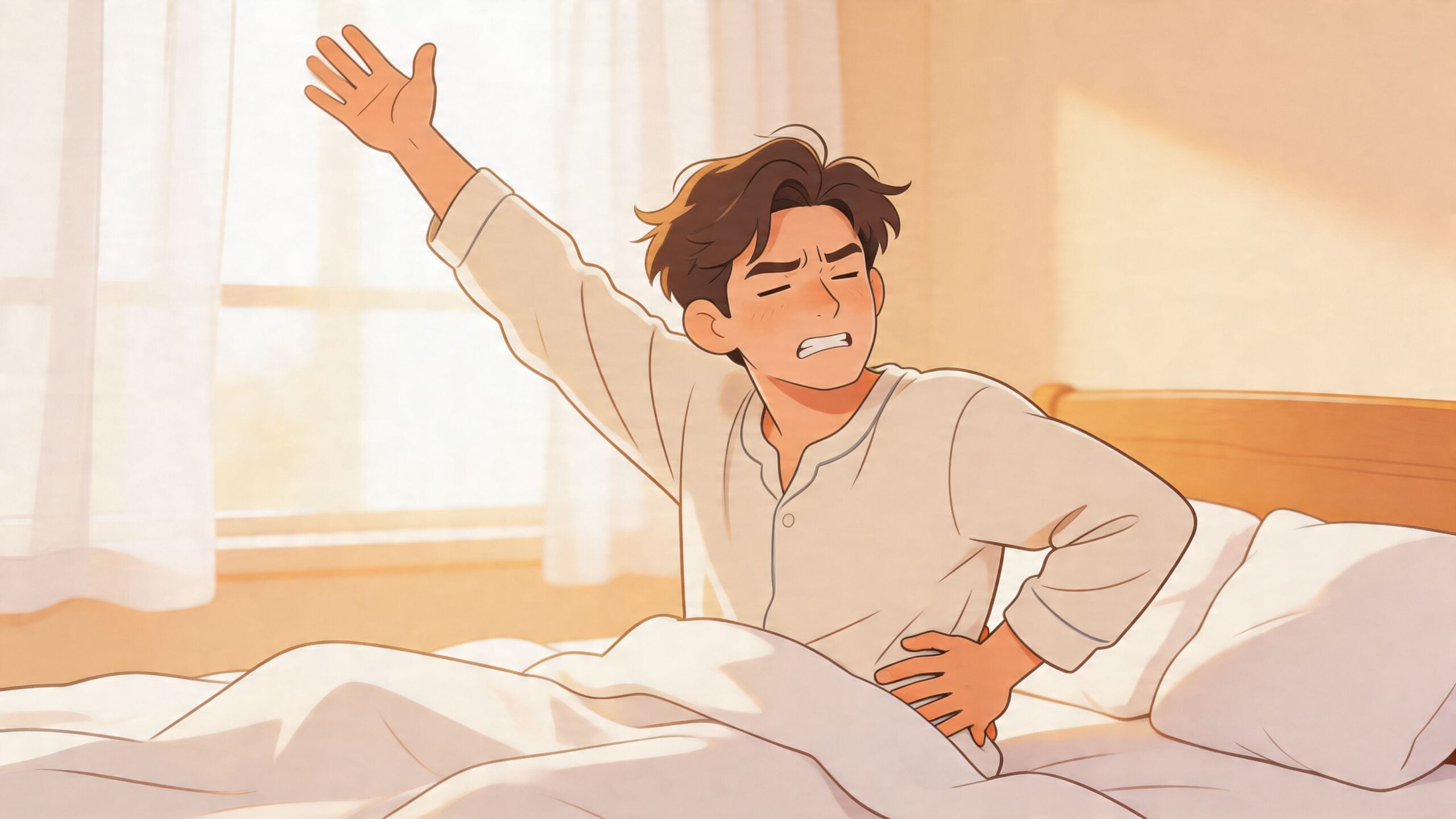 A young man with messy brown hair stretches in bed, holding his lower back with a painful expression.