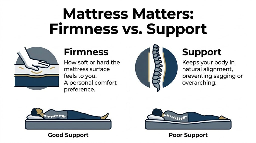 An infographic illustrating the difference between mattress firmness and proper sleep support for spinal alignment.