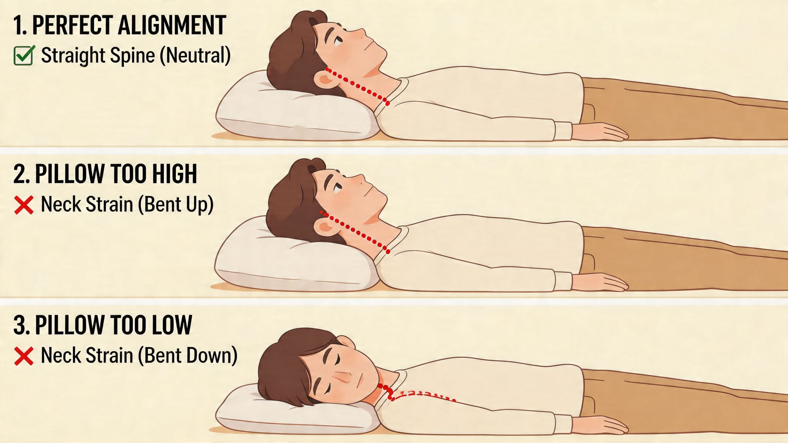 An illustration showing three sleeping positions with different pillow heights to demonstrate correct and incorrect spinal alignment.