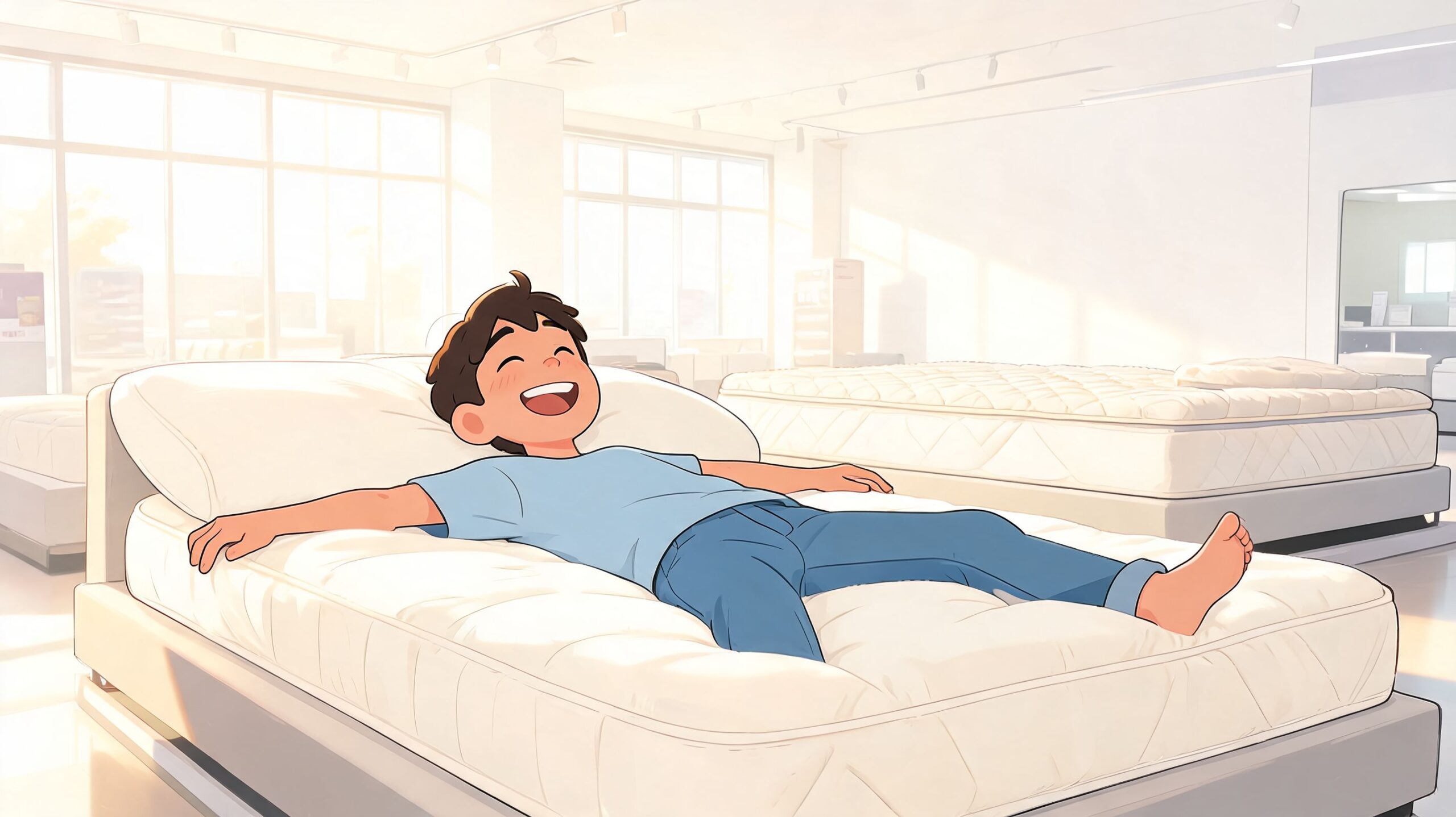 A happy young boy lying comfortably on a white mattress in a brightly lit furniture store showroom.