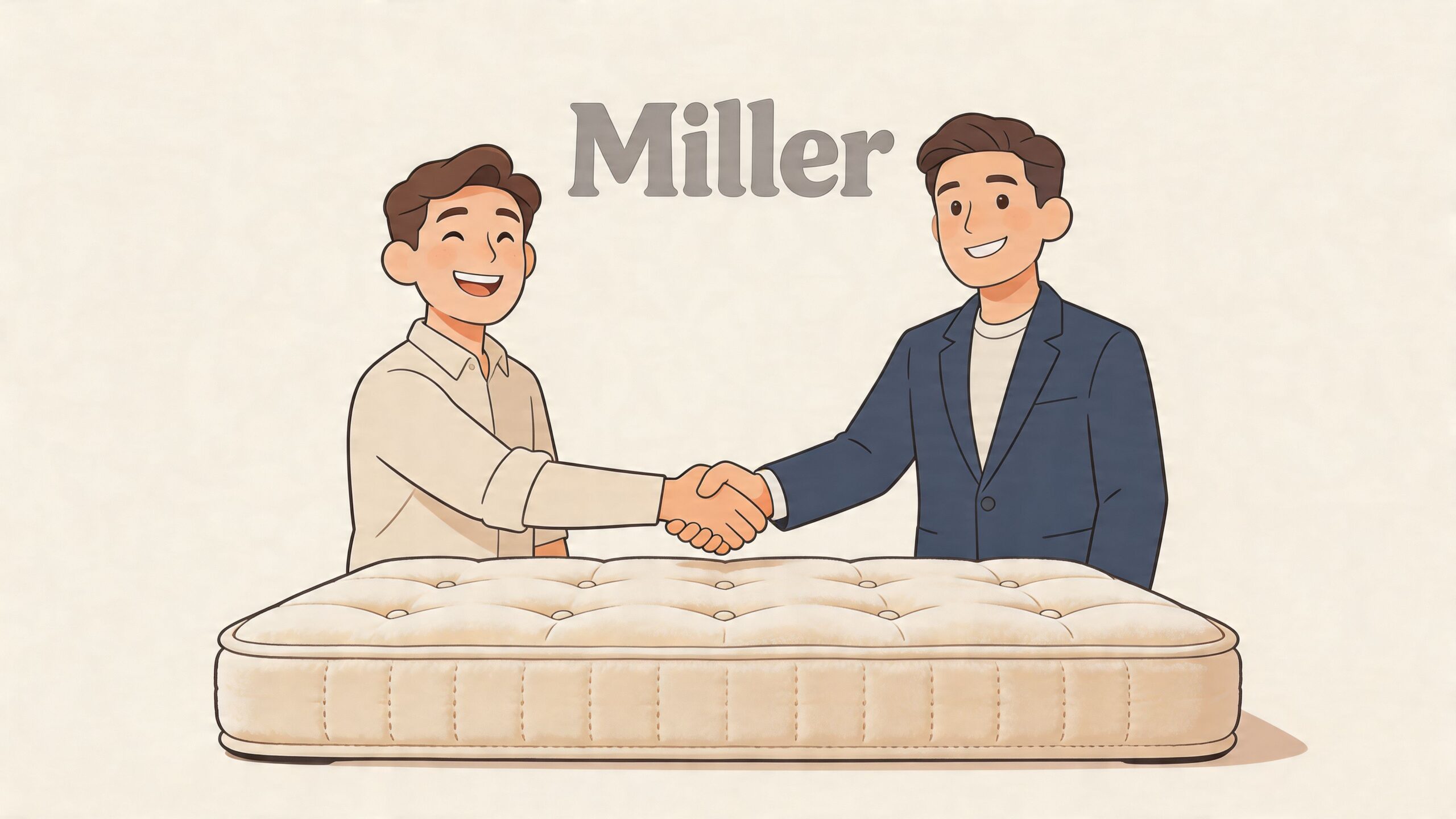 Two happy men shaking hands above a comfortable mattress to represent a successful bedding purchase.