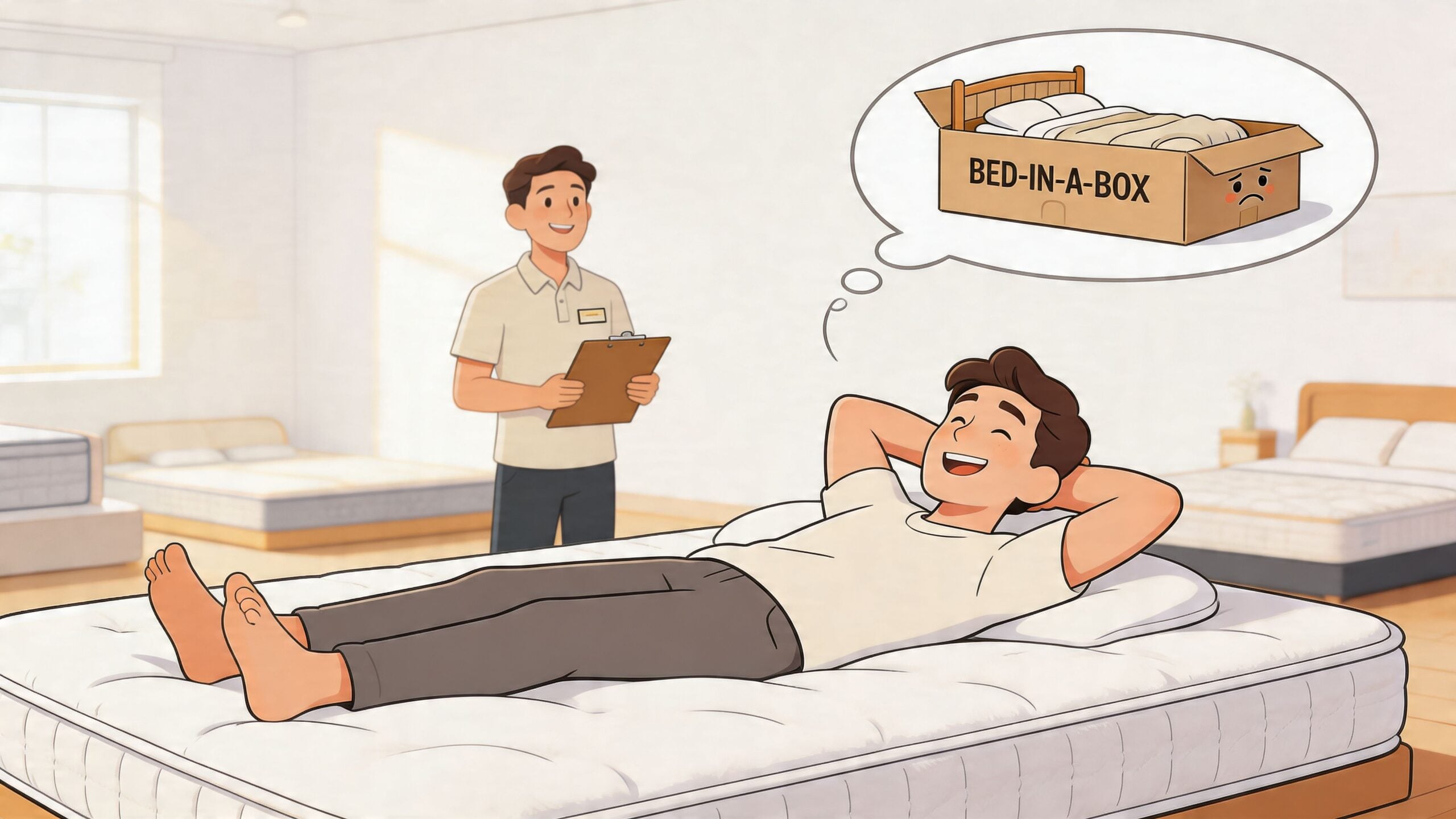 A man smiling while testing a mattress in a store with a salesperson holding a clipboard nearby.