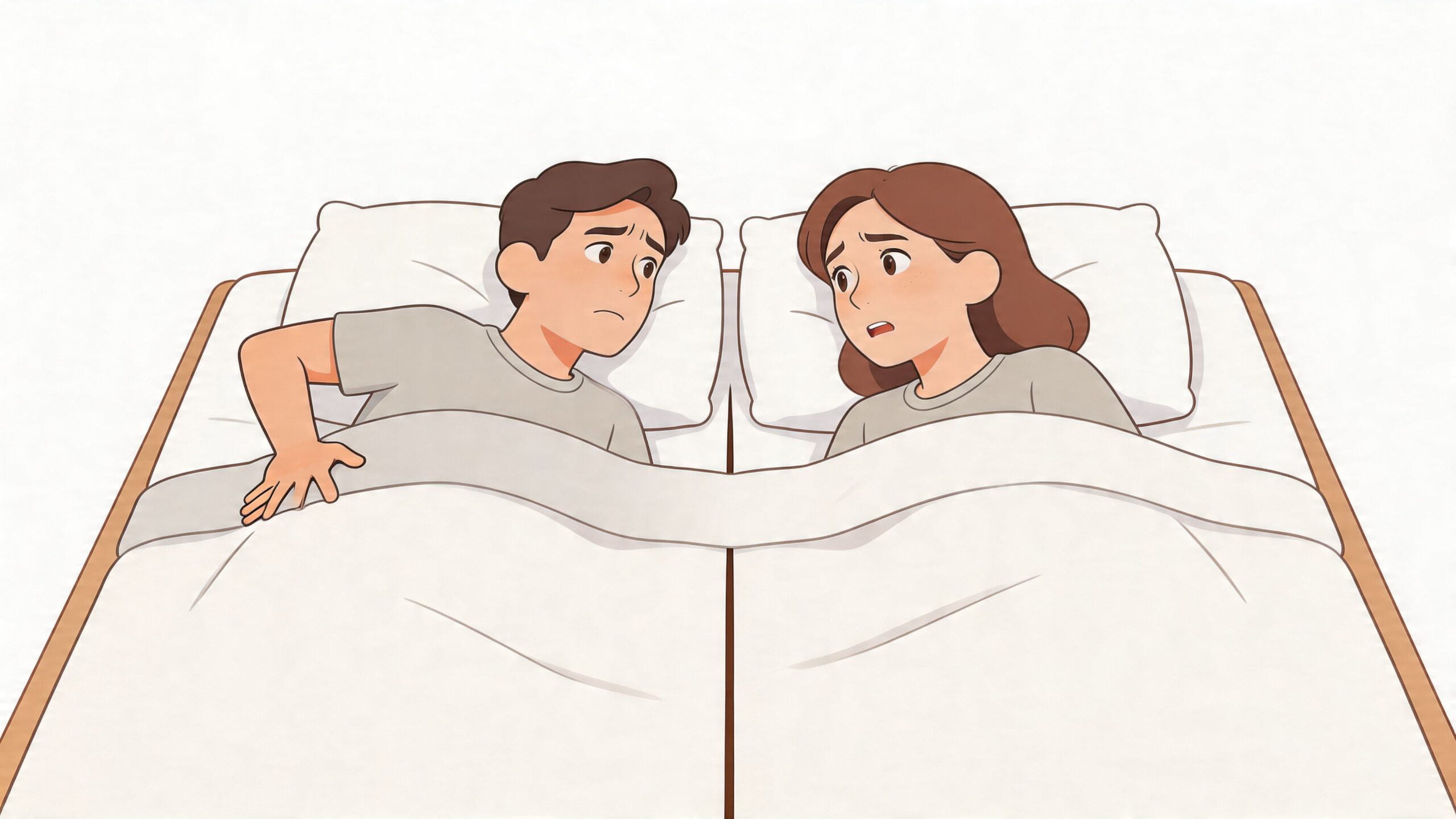 A concerned couple lying in separate beds, looking at each other, suggesting discomfort with their current mattress.
