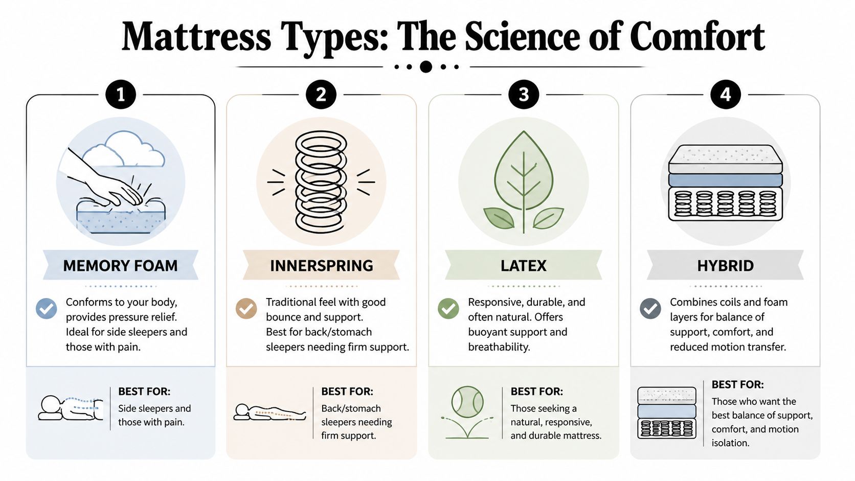 An infographic comparing four main mattress types: memory foam, innerspring, latex, and hybrid, highlighting their unique features.