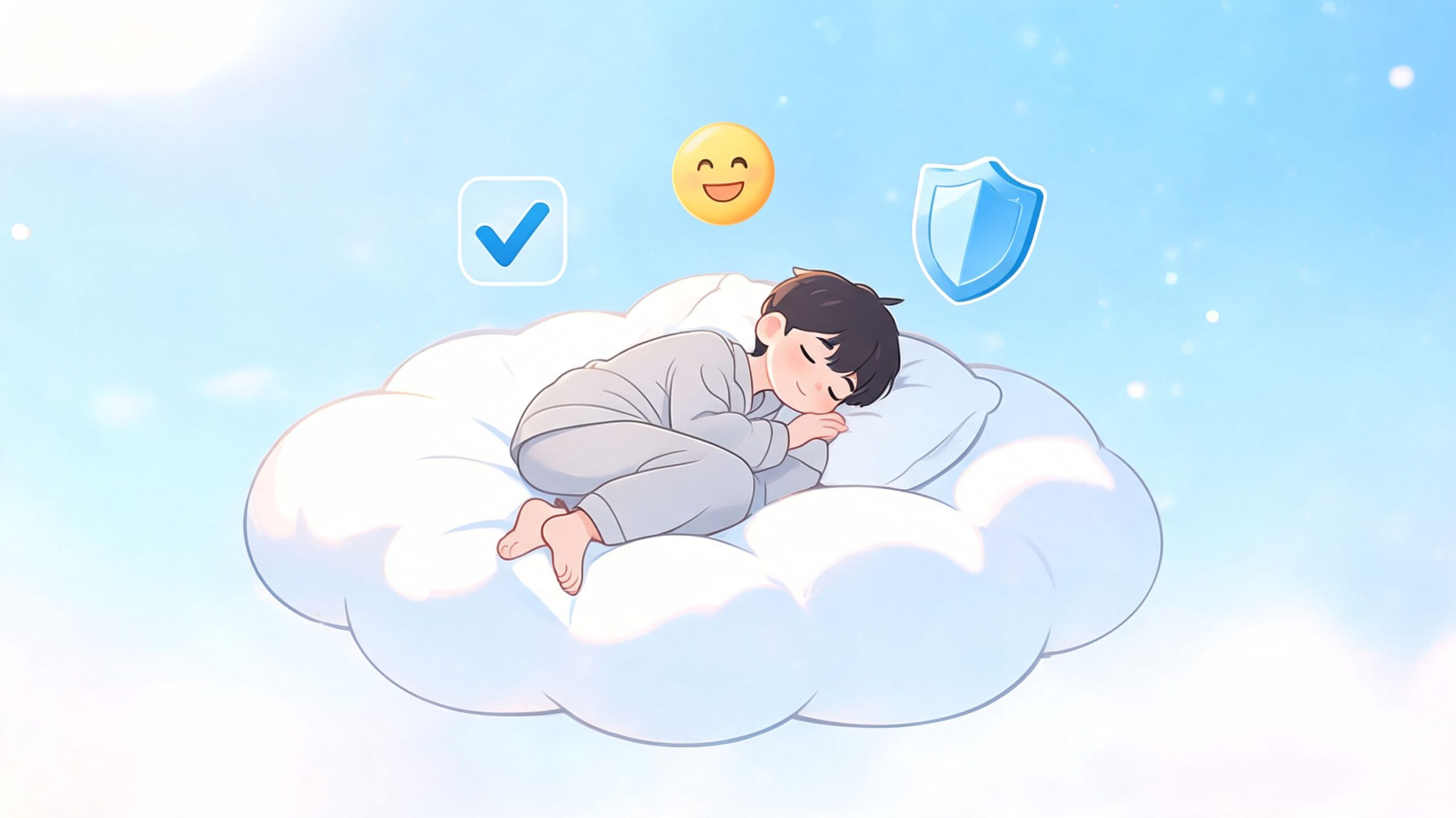 An anime style boy sleeping comfortably on a fluffy cloud with checkmark, smiley face, and shield icons.