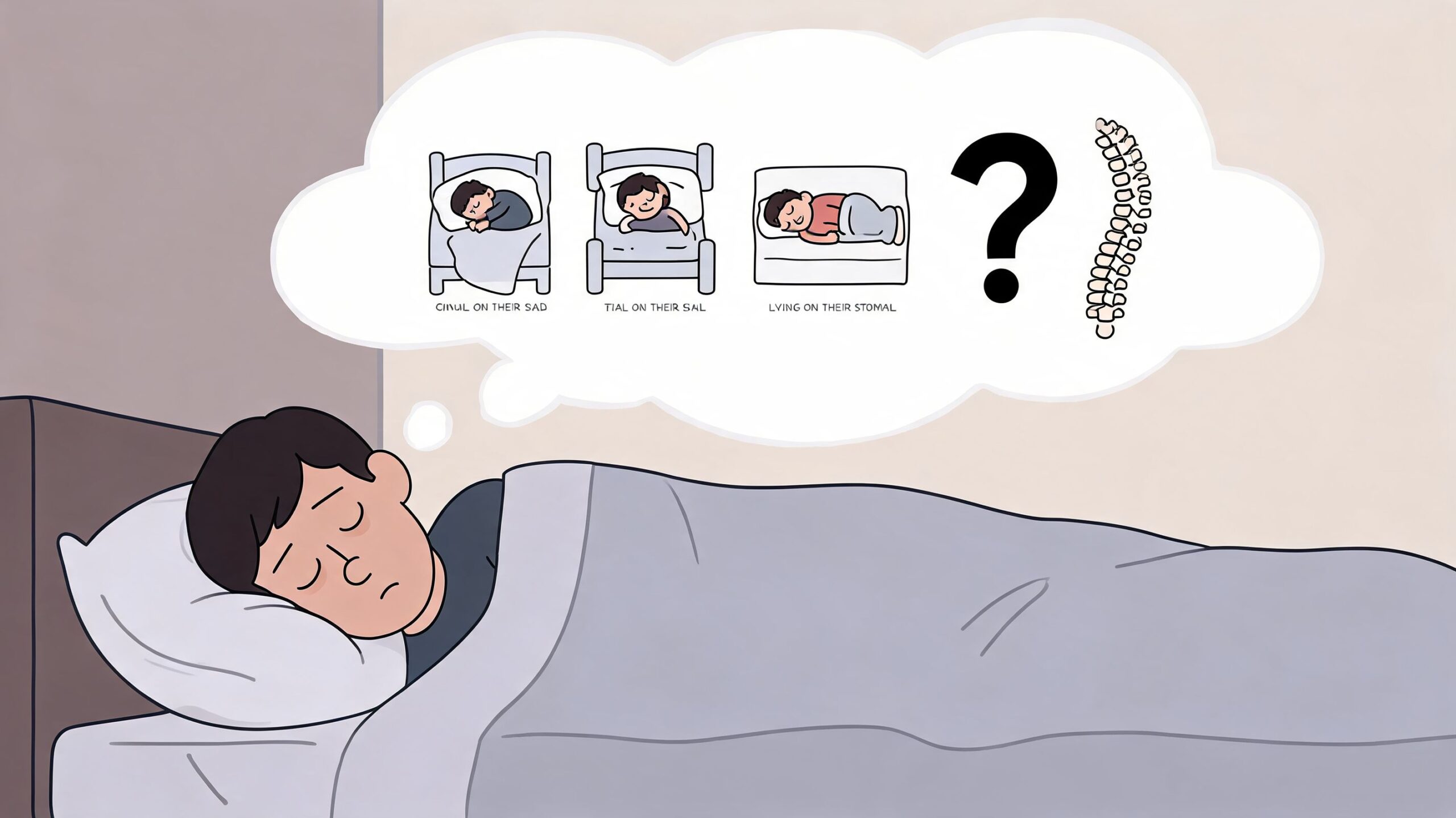 A person sleeping in bed thinking about different sleeping positions and their effect on the spine health.