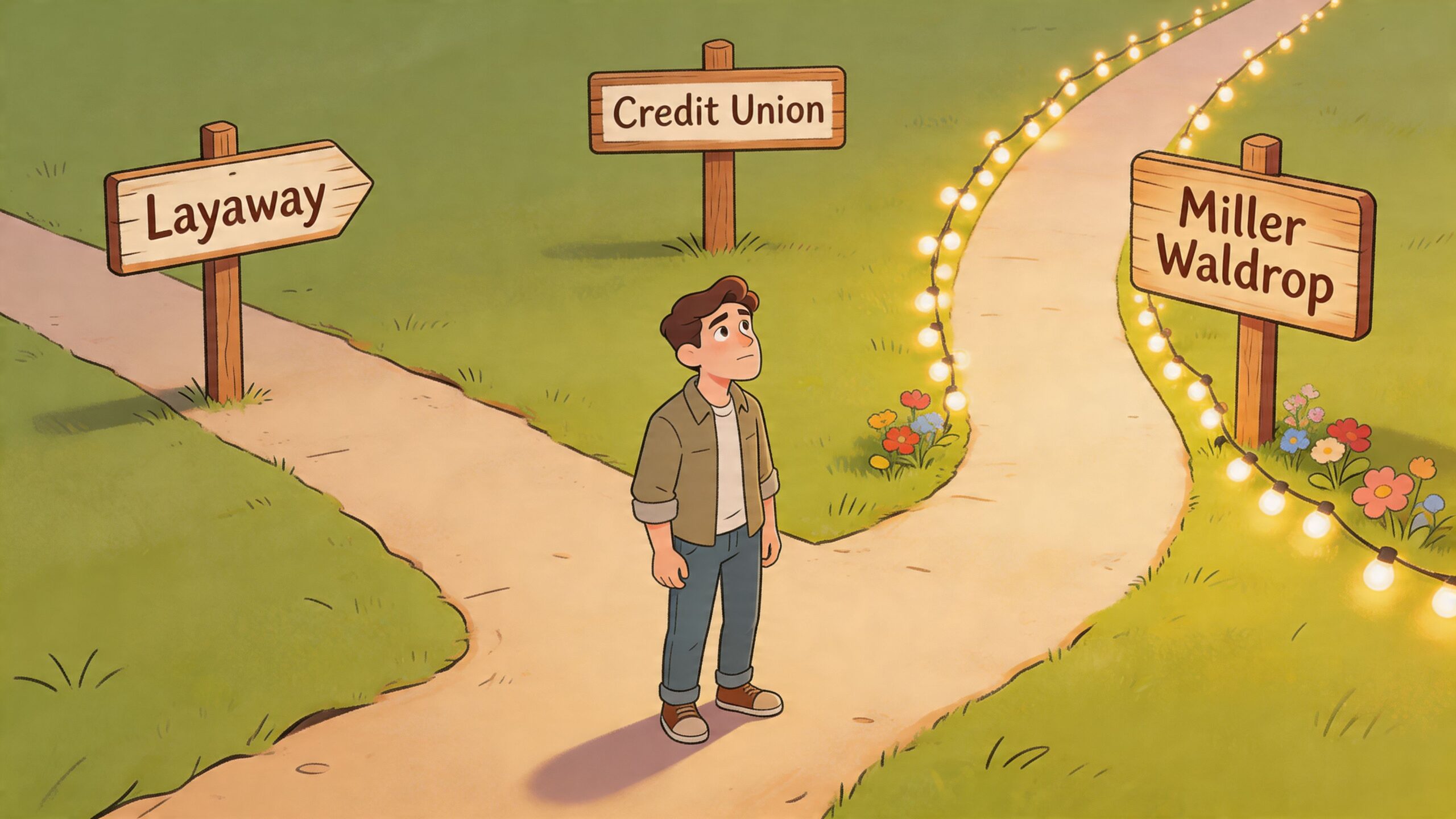 A young man stands at a path intersection choosing between financial options like layaway and Miller Waldrop.