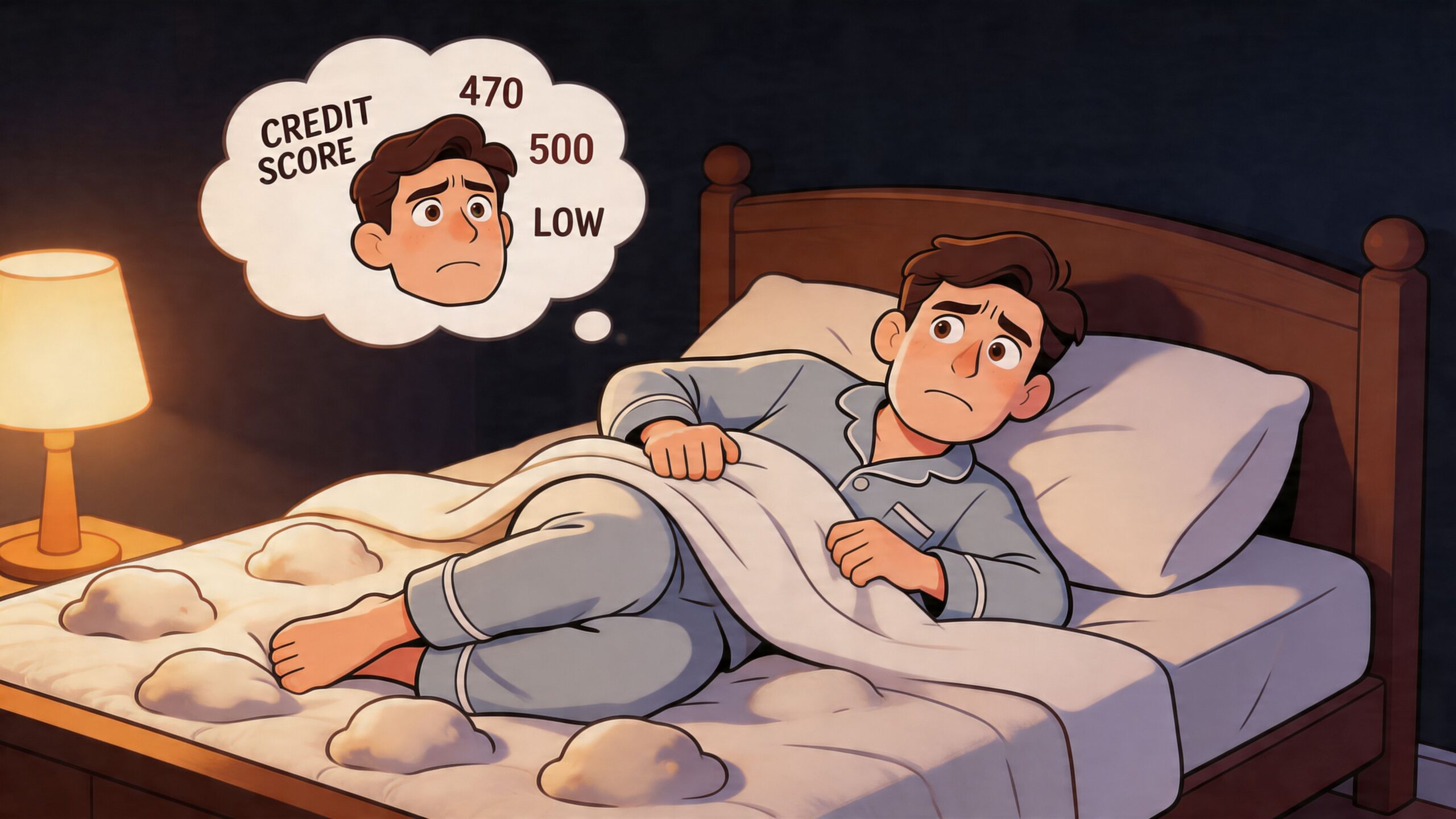 A worried man lying in bed at night, thinking about his low credit score and financial stress.