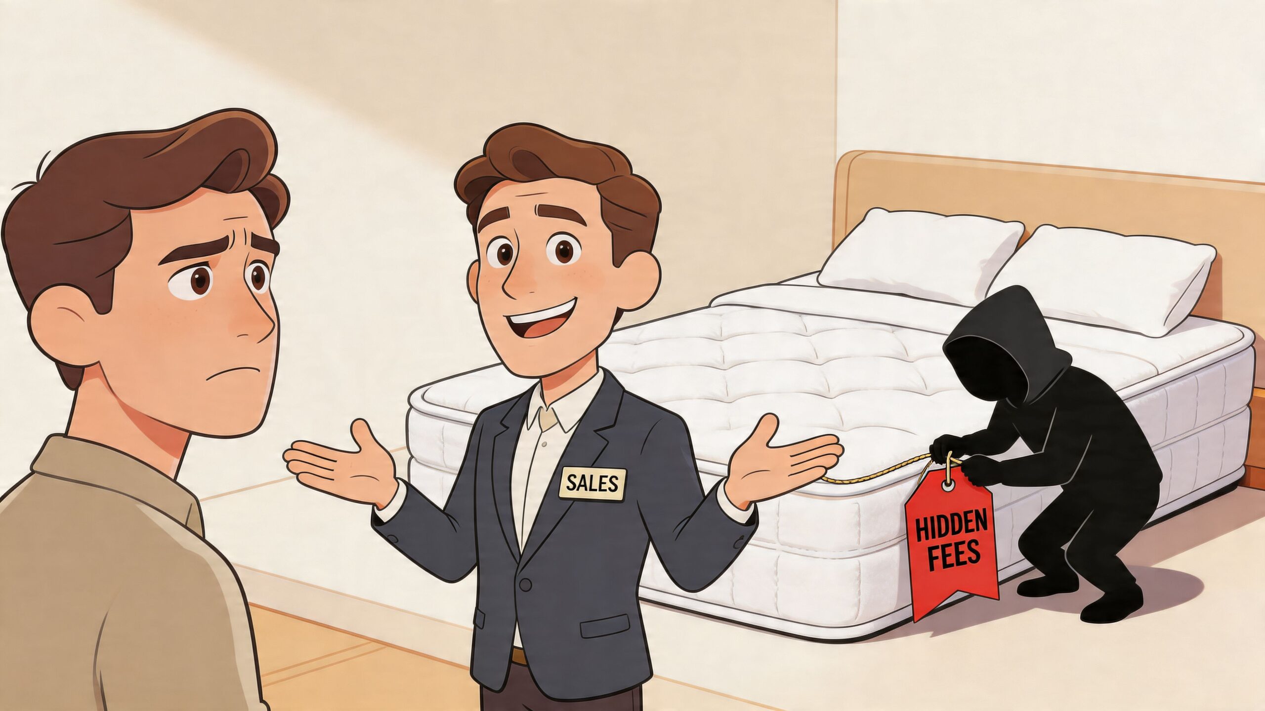 A salesman talks to a customer while a shadowy figure attaches hidden fees to a mattress.