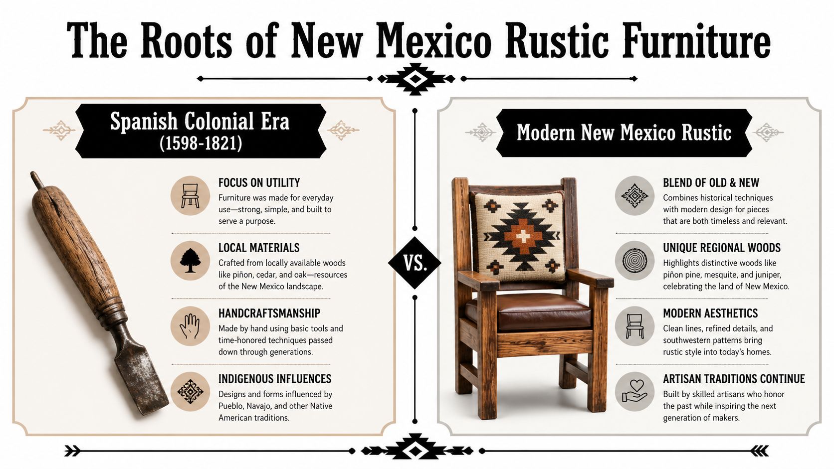 An infographic titled The Roots of New Mexico Rustic Furniture comparing Spanish Colonial Era designs to modern styles.