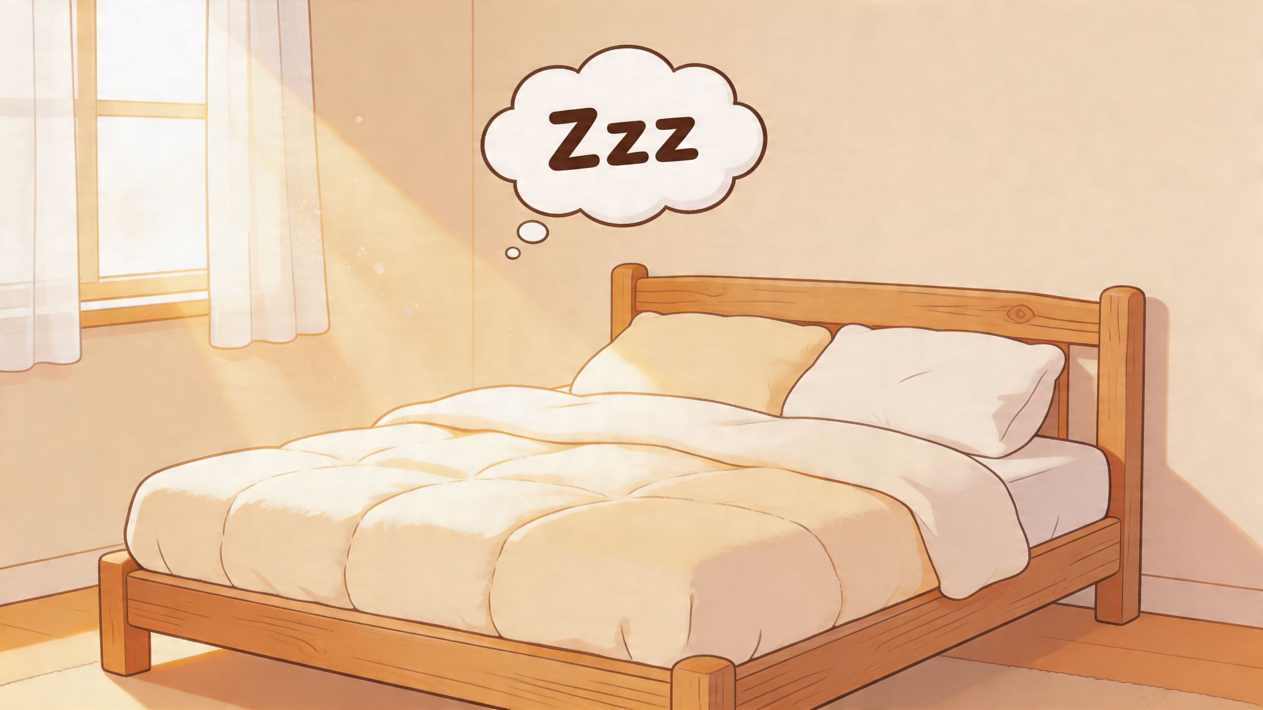 A cozy bedroom with a wooden bed frame, fluffy bedding, and soft sunlight streaming through a window.