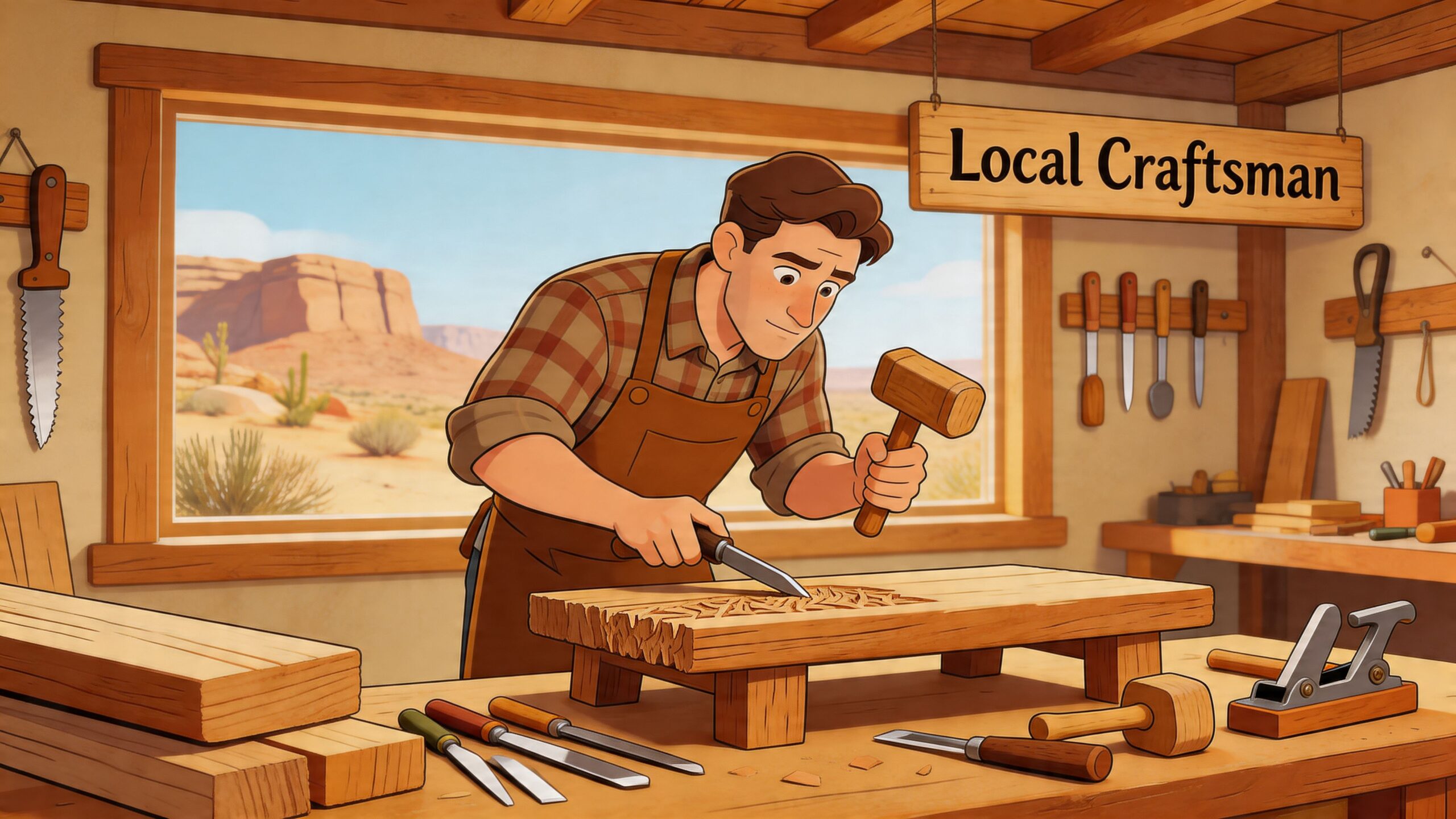 A friendly local craftsman carving a wooden piece in his workshop with a scenic desert background.