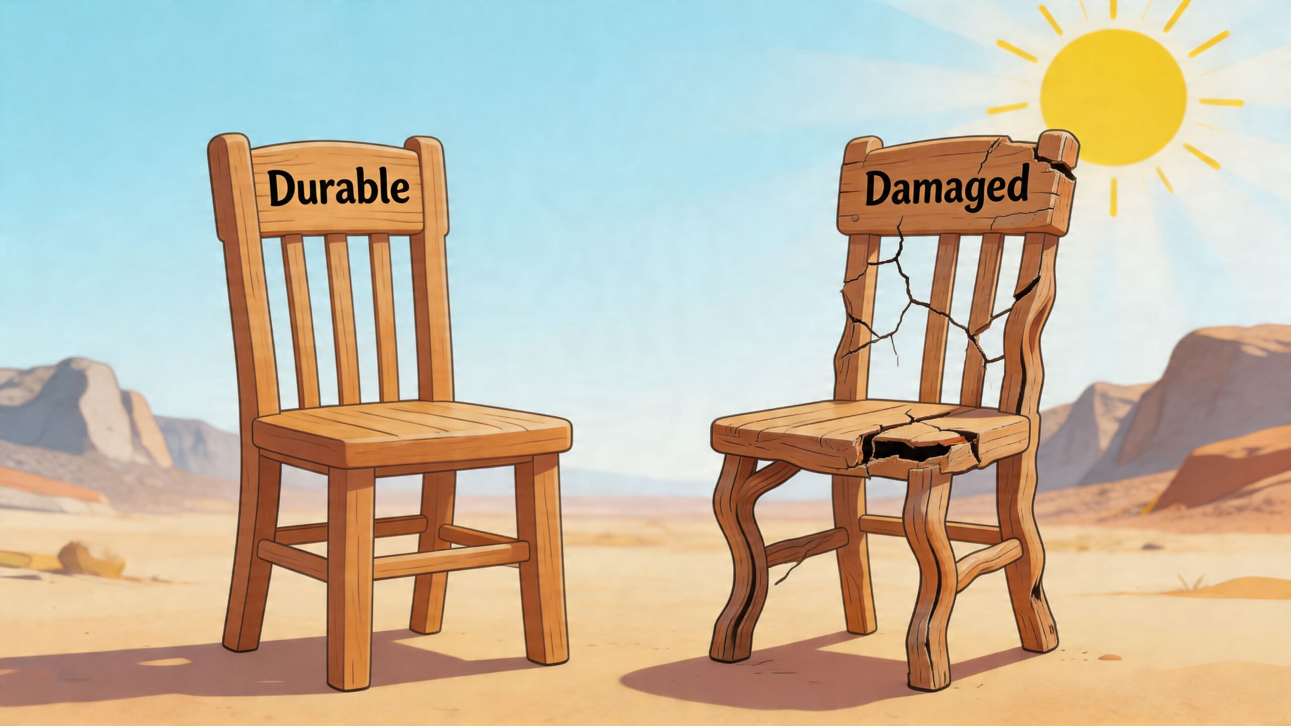 Two wooden chairs stand in a desert; one is intact and labeled durable, while the other is damaged.