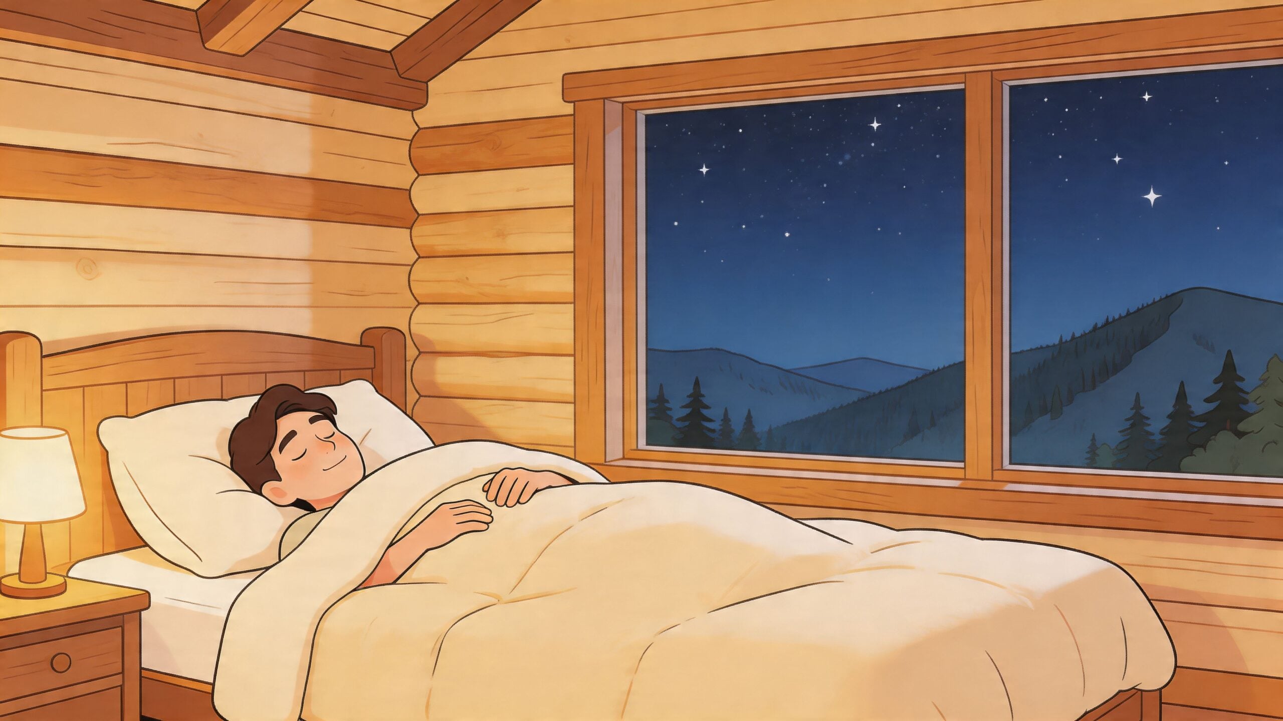 A peaceful man sleeping in a cozy bed within a wooden cabin overlooking a mountain starry night.