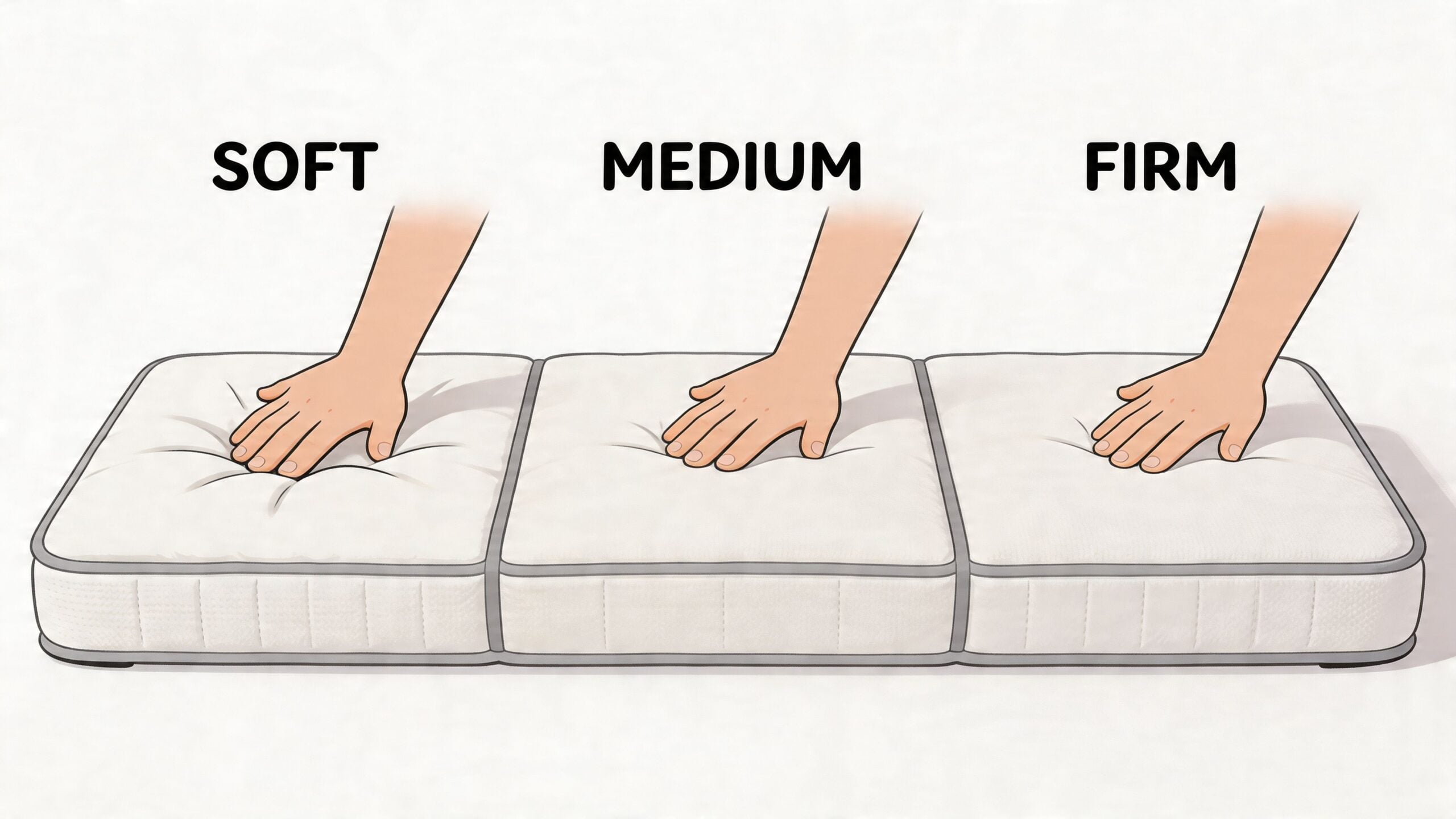 A hand testing the comfort levels of a mattress, shown as soft, medium, and firm sections.