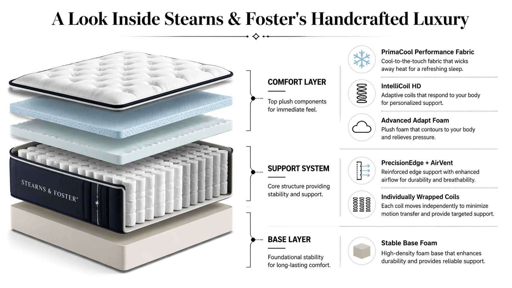 A detailed 3D infographic showing the internal foam and coil layers of a Stearns & Foster luxury mattress.