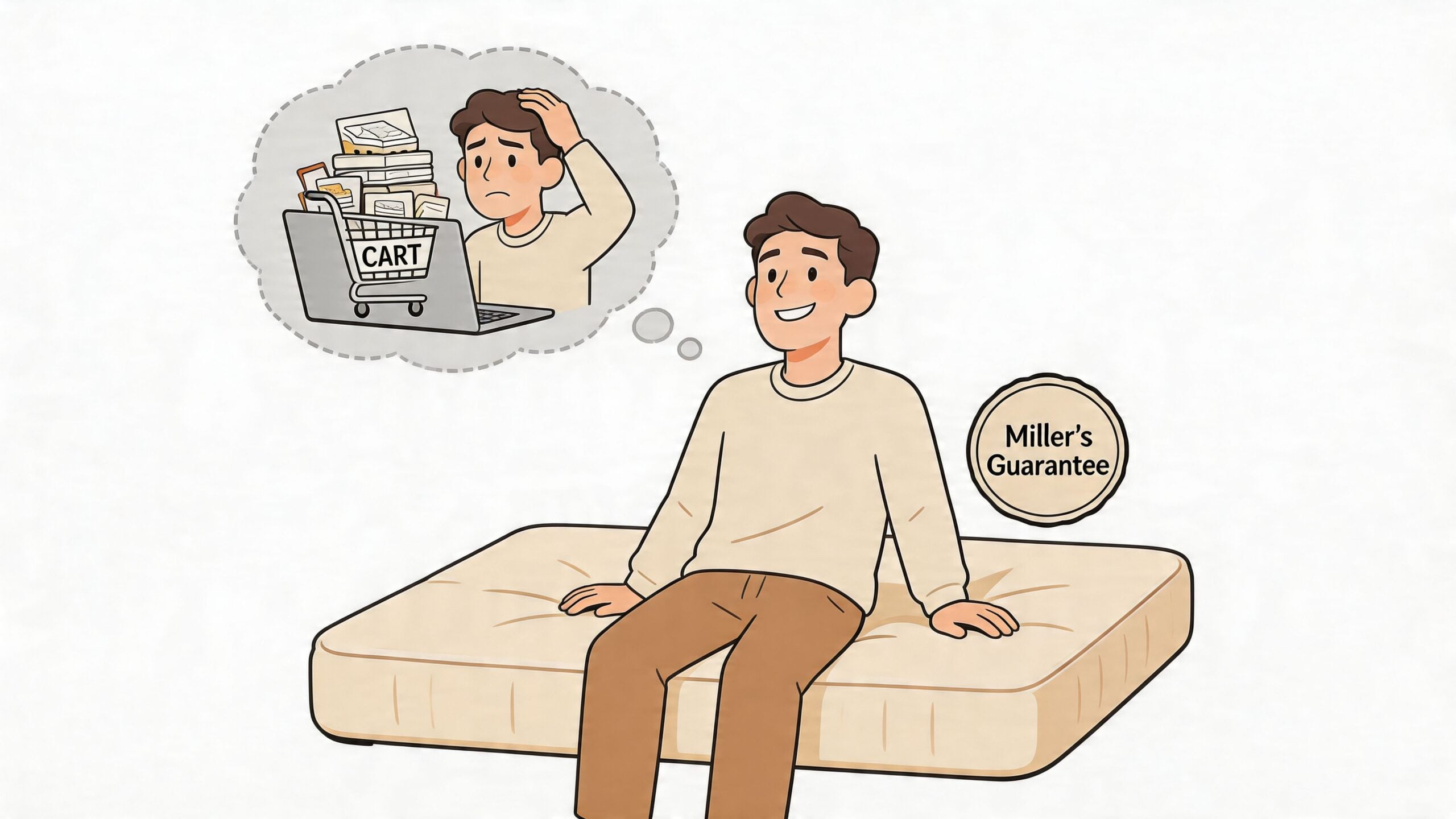 A happy man sits on a comfortable mattress while remembering his stress from online shopping for mattresses.