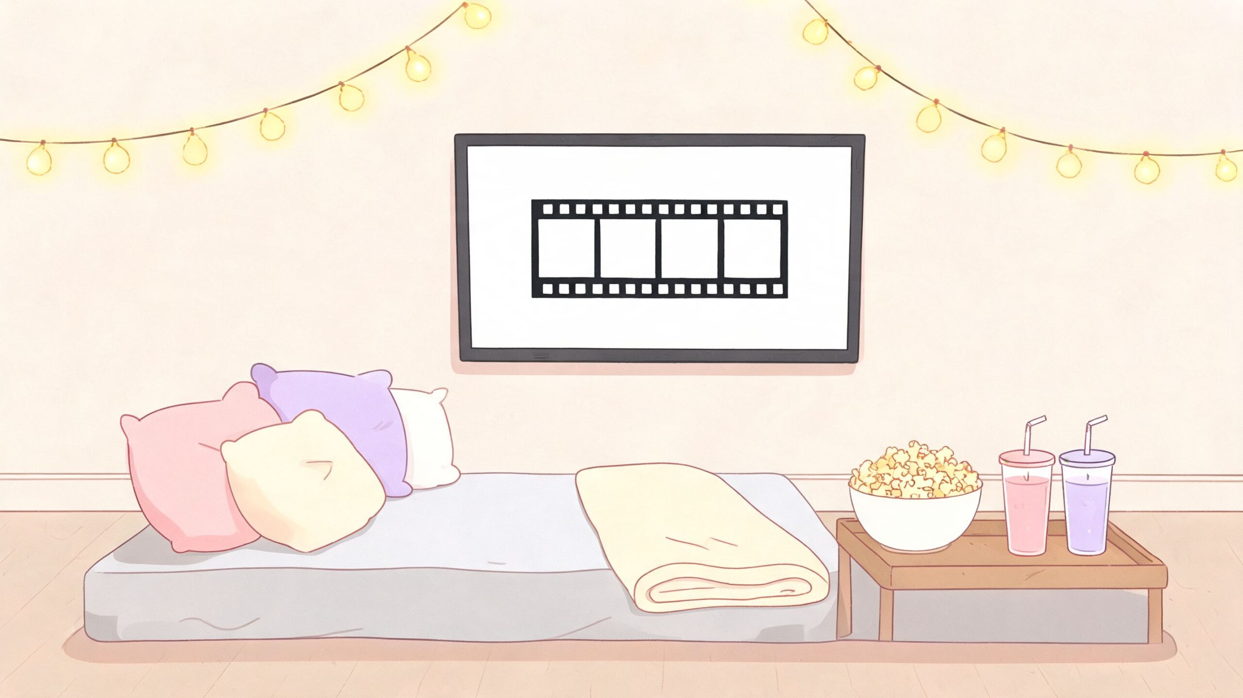 A cozy bedroom setup for a movie night featuring a mattress, pillows, popcorn, drinks, and fairy lights.