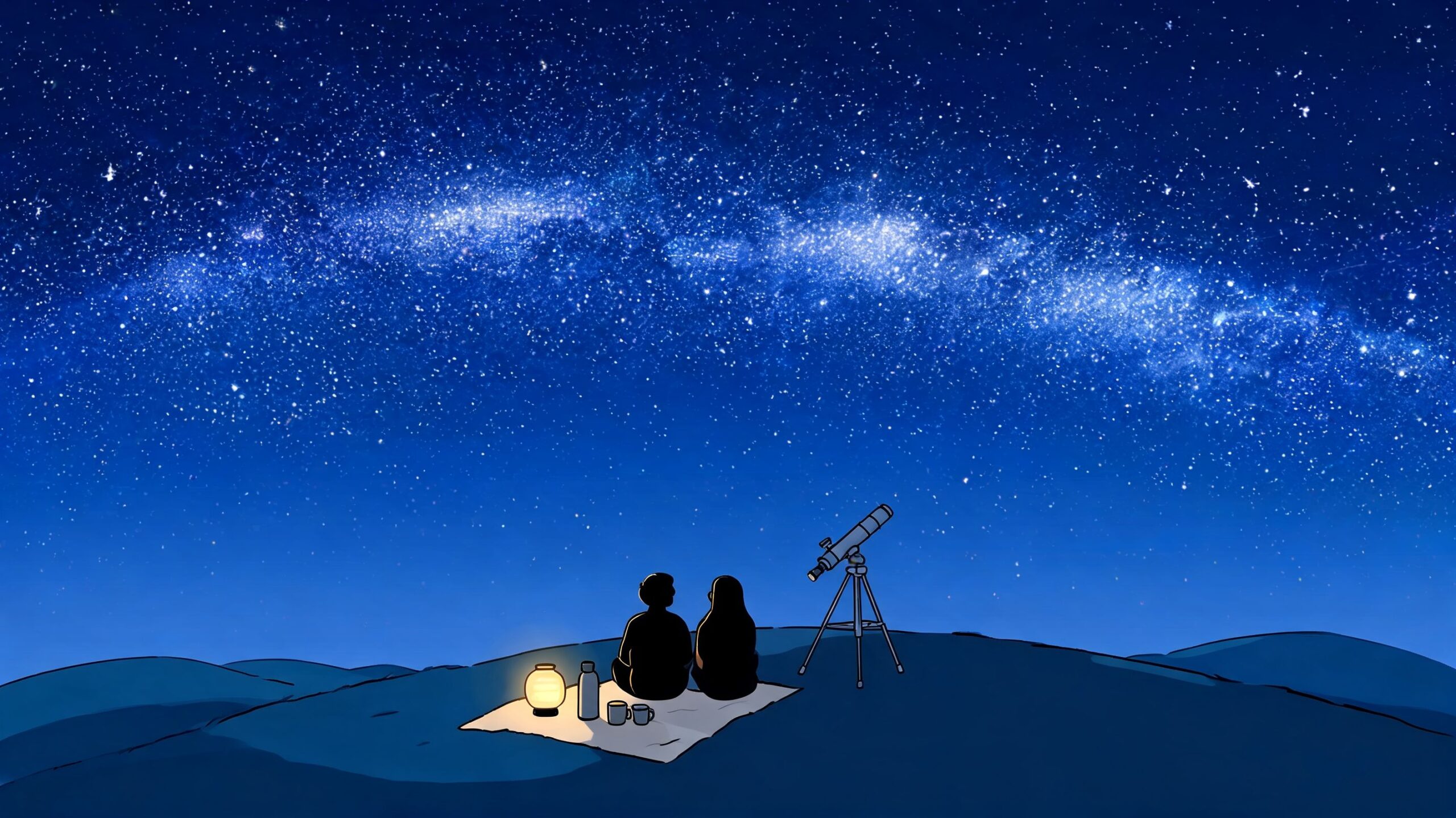 A couple sitting on a blanket looking at the beautiful starry night sky with a telescope.