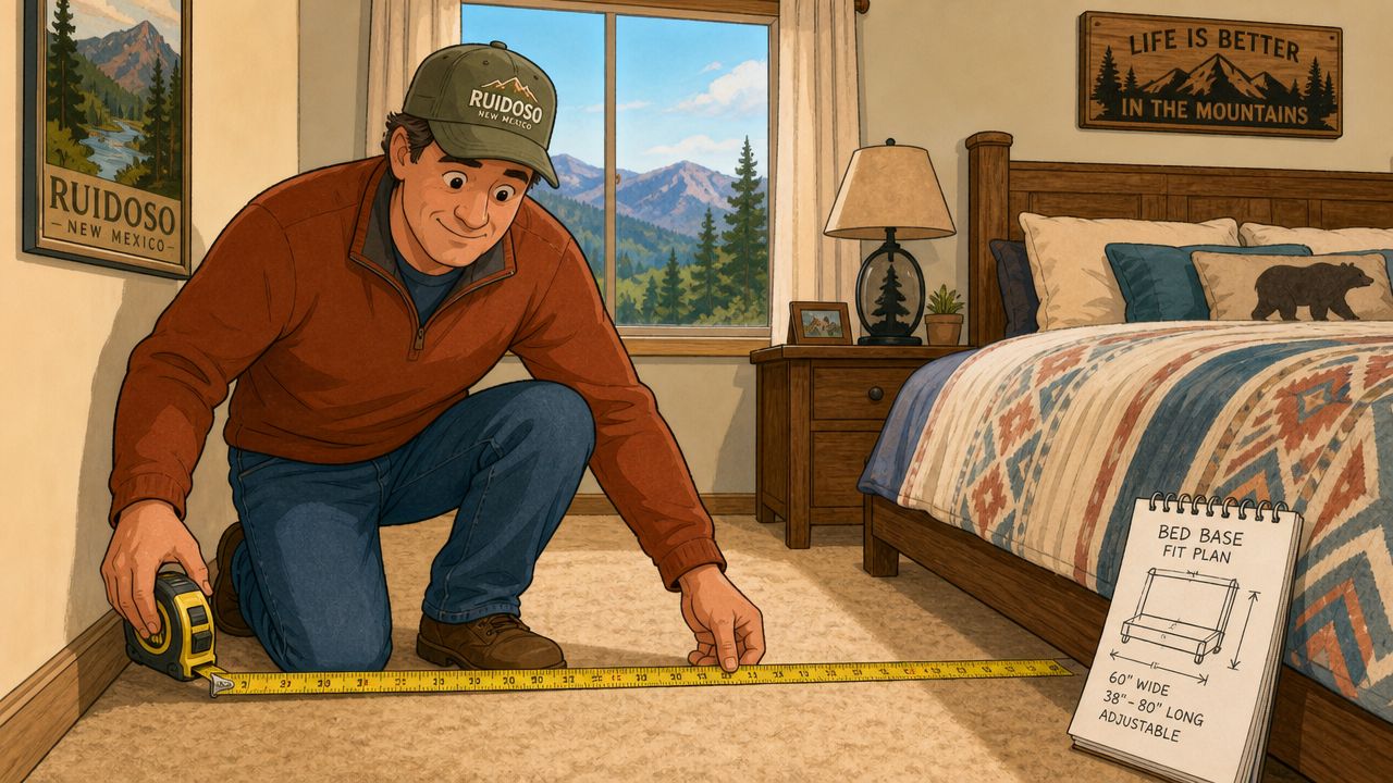 A man measures the bedroom floor with a tape measure to check for an adjustable bed base.
