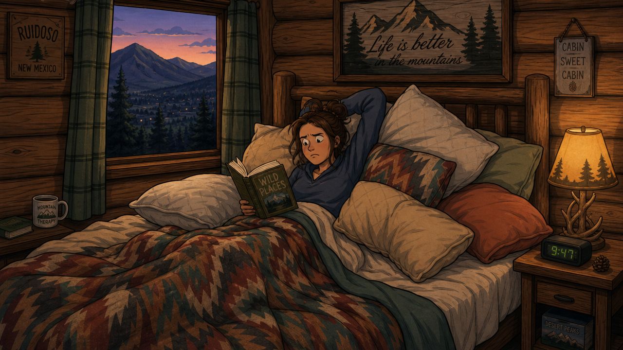A woman reading a book in a cozy rustic cabin bed with mountain views at twilight.