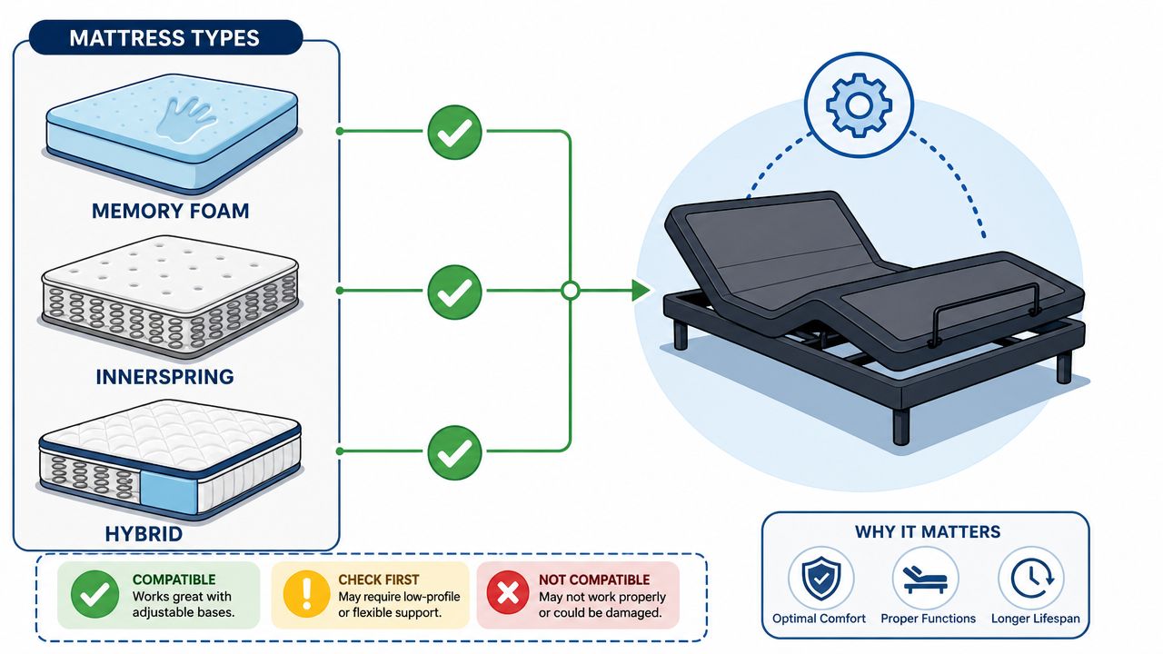 An infographic showing that memory foam, innerspring, and hybrid mattresses are all compatible with adjustable bed bases.