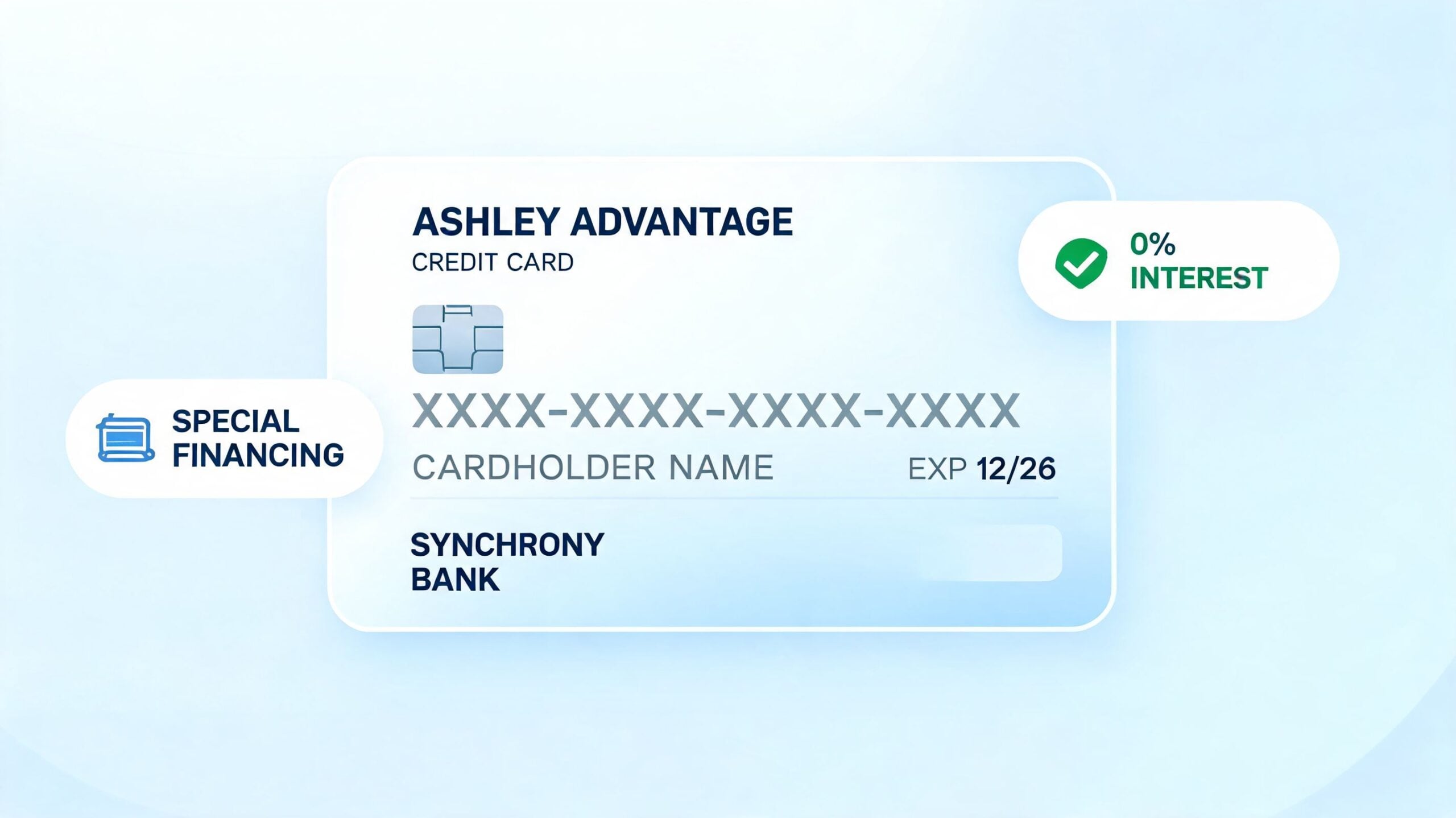 A digital representation of an Ashley Advantage credit card showing 0% interest and special financing options available.